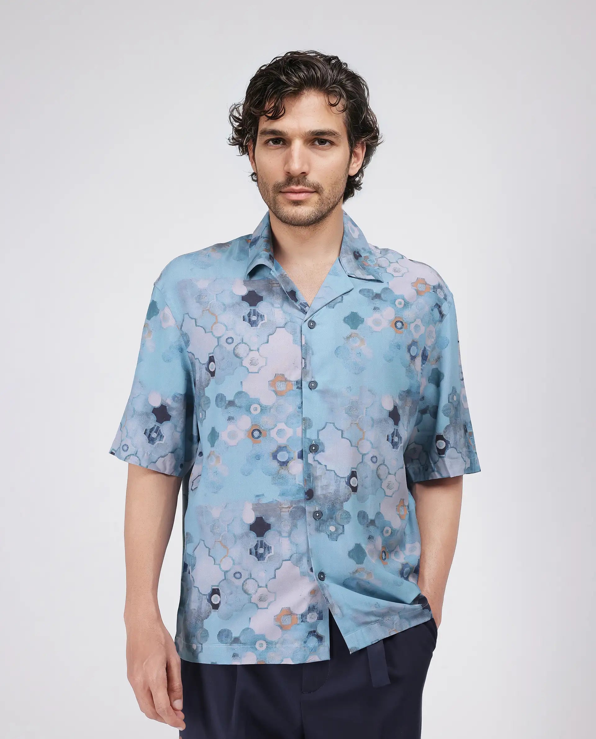 Rare Rabbit Men's Akio Blue Viscose Fabric Half Sleeve Cuban Collar Oversized Fit Abstract Print Shirt