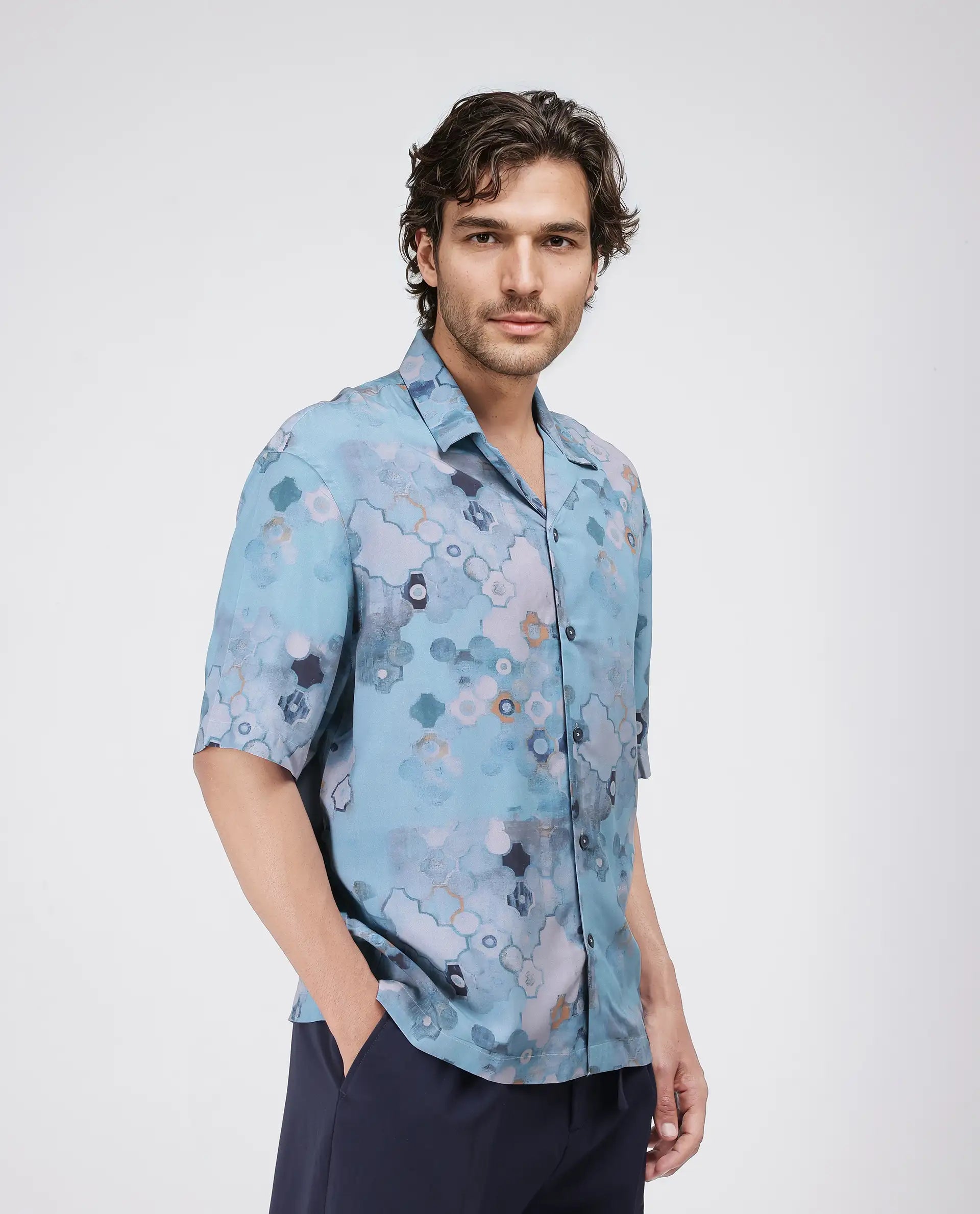 Rare Rabbit Men's Akio Blue Viscose Fabric Half Sleeve Cuban Collar Oversized Fit Abstract Print Shirt