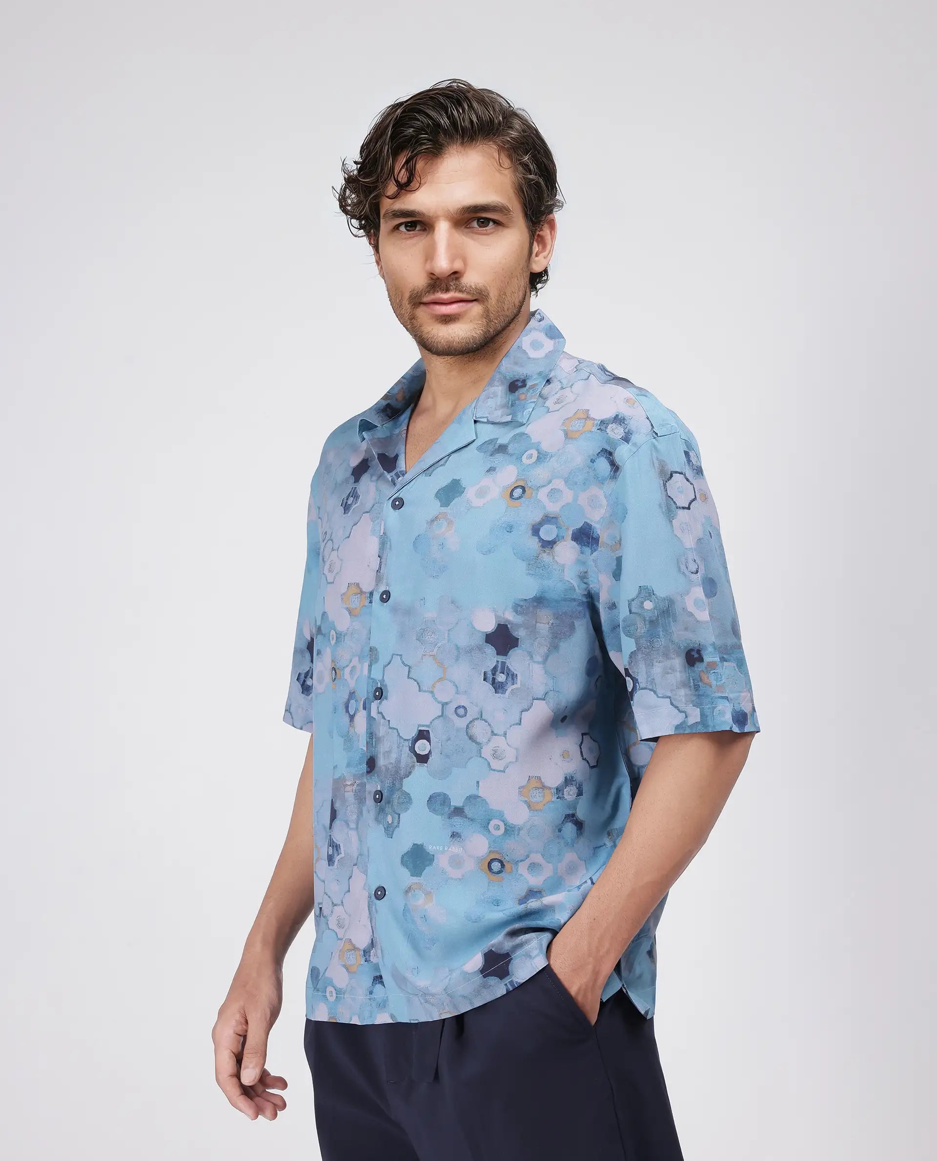Rare Rabbit Men's Akio Blue Viscose Fabric Half Sleeve Cuban Collar Oversized Fit Abstract Print Shirt