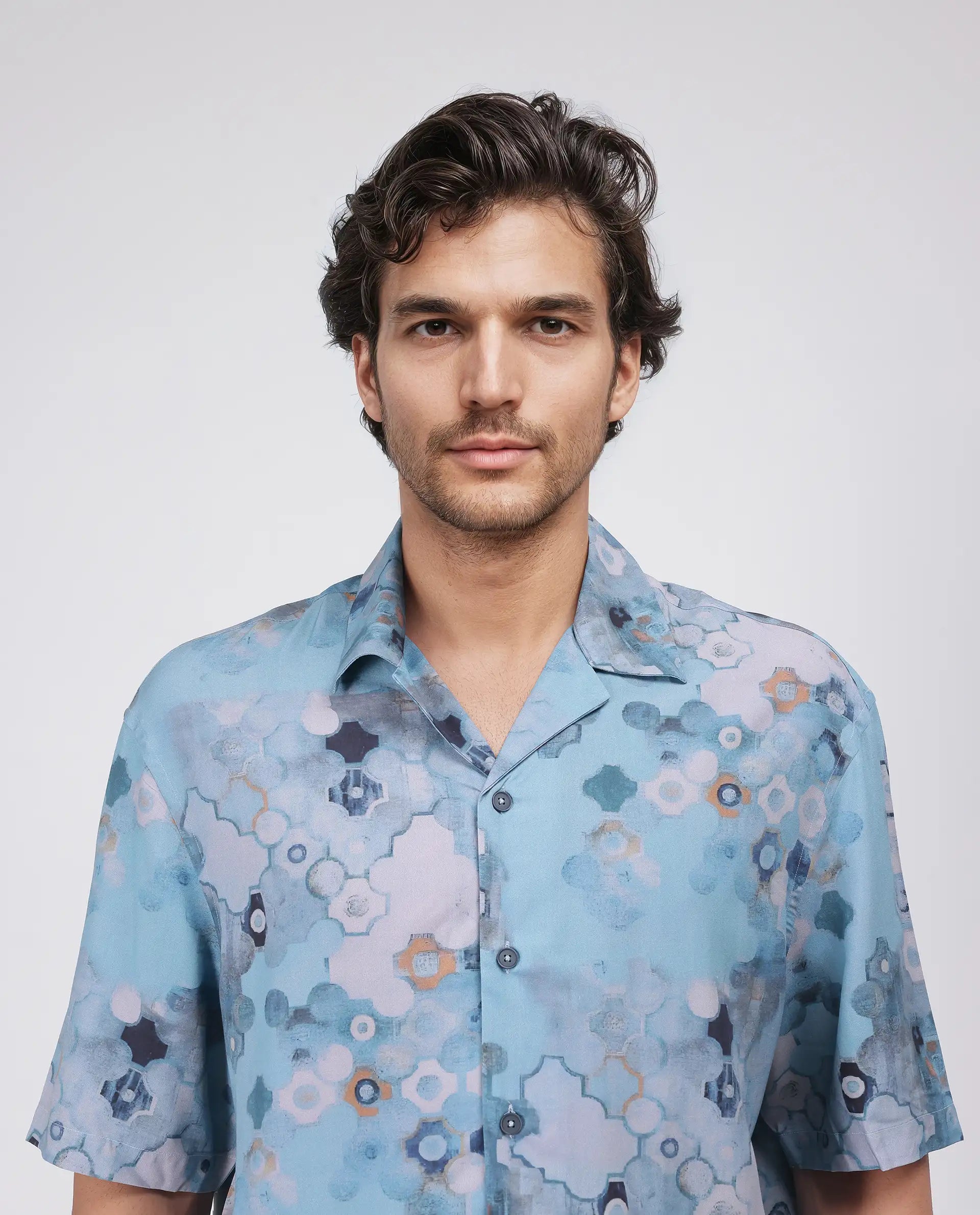 Rare Rabbit Men's Akio Blue Viscose Fabric Half Sleeve Cuban Collar Oversized Fit Abstract Print Shirt
