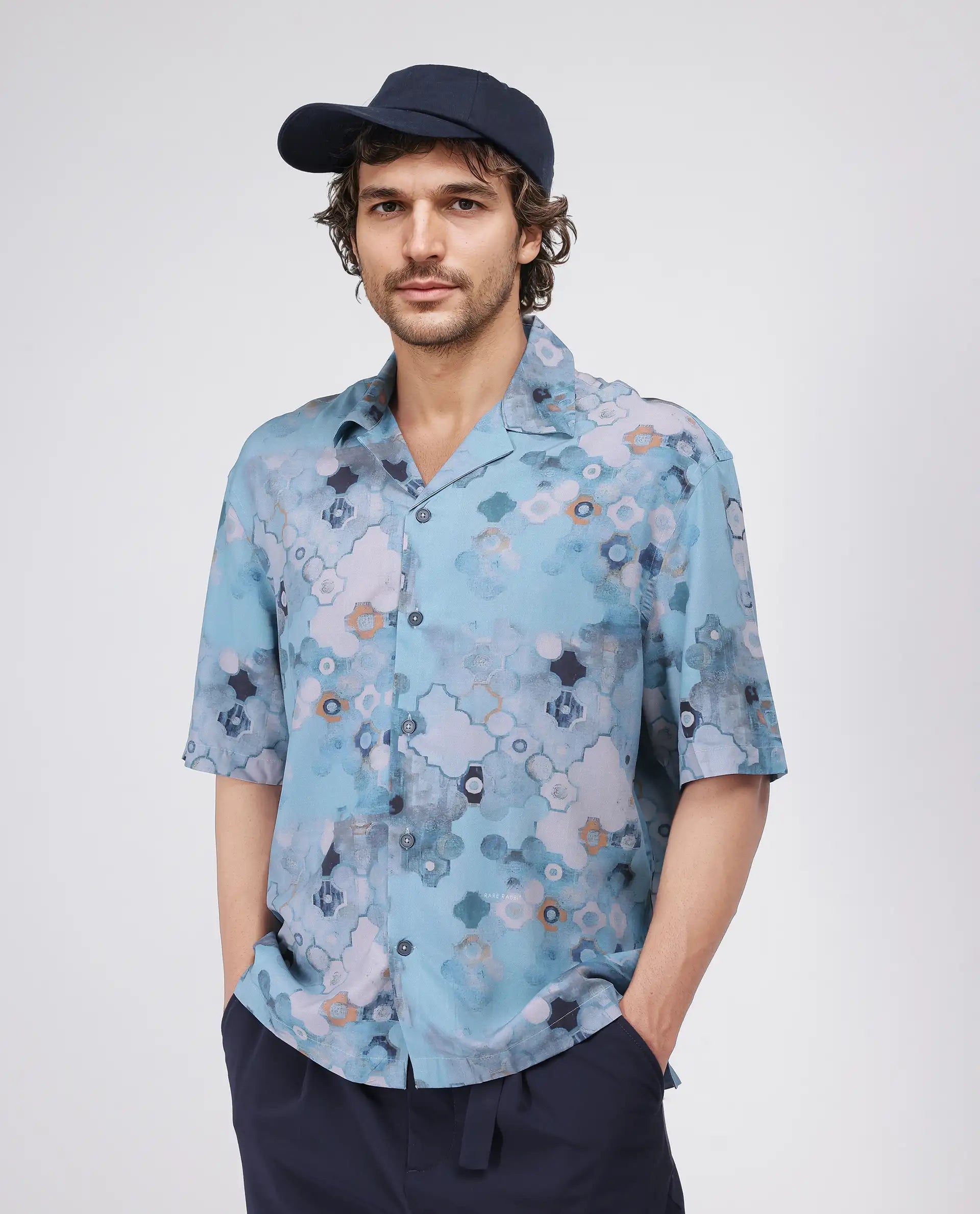Rare Rabbit Men's Akio Blue Viscose Fabric Half Sleeve Cuban Collar Oversized Fit Abstract Print Shirt