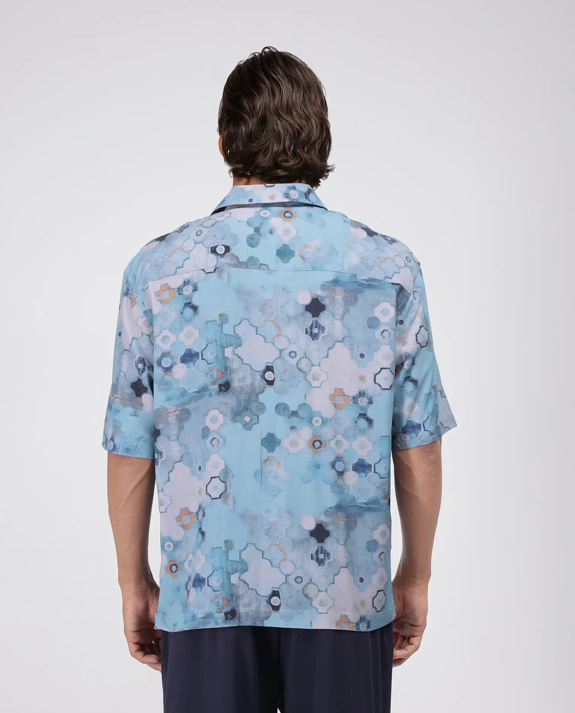 Rare Rabbit Men's Akio Blue Viscose Fabric Half Sleeve Cuban Collar Oversized Fit Abstract Print Shirt