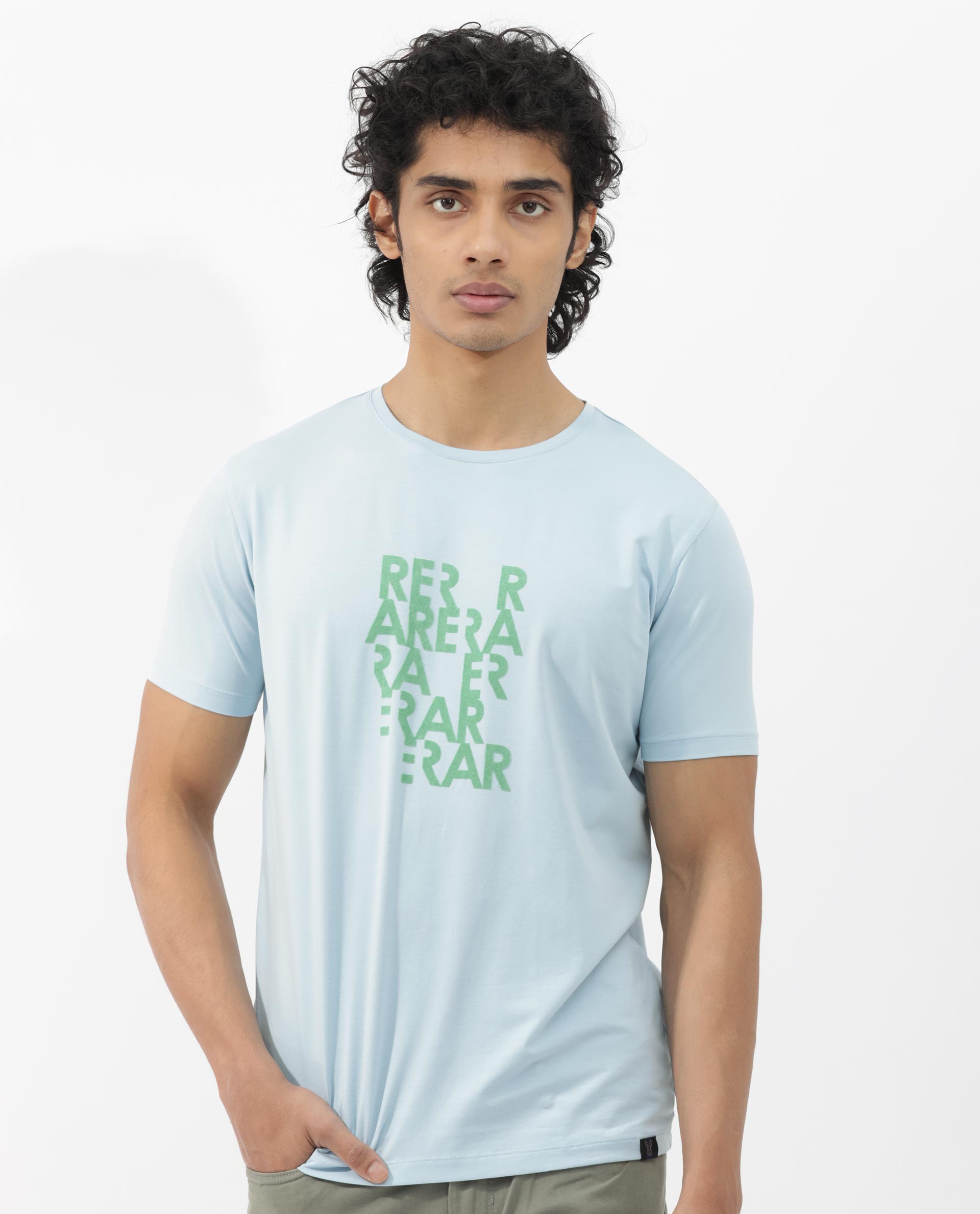 Rare Rabbit Mens Akro Light Blue Cotton Lycra Fabric Half Sleeves Graphic Print T-Shirt