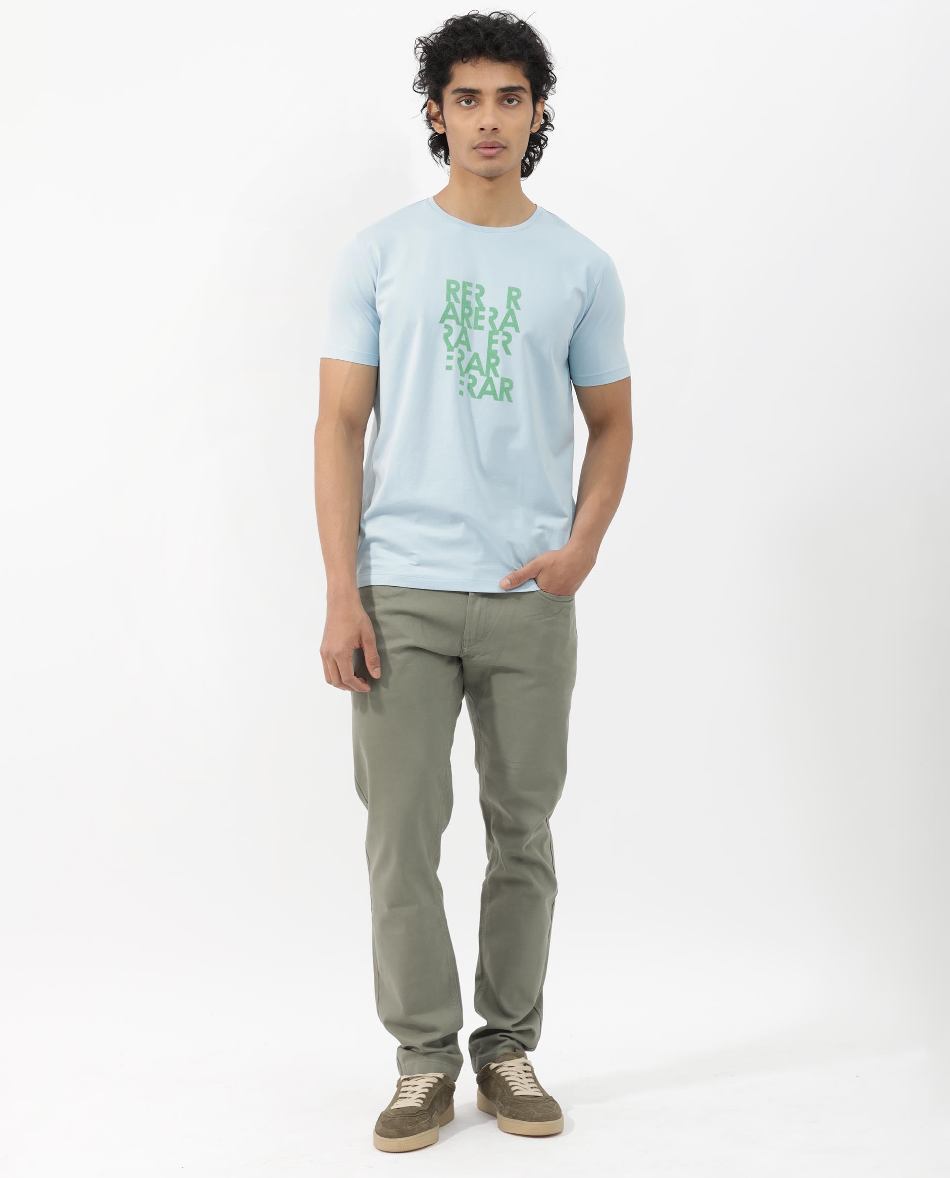 Rare Rabbit Mens Akro Light Blue Cotton Lycra Fabric Half Sleeves Graphic Print T-Shirt