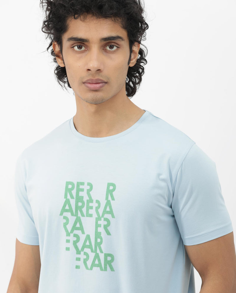 Rare Rabbit Mens Akro Light Blue Cotton Lycra Fabric Half Sleeves Graphic Print T-Shirt