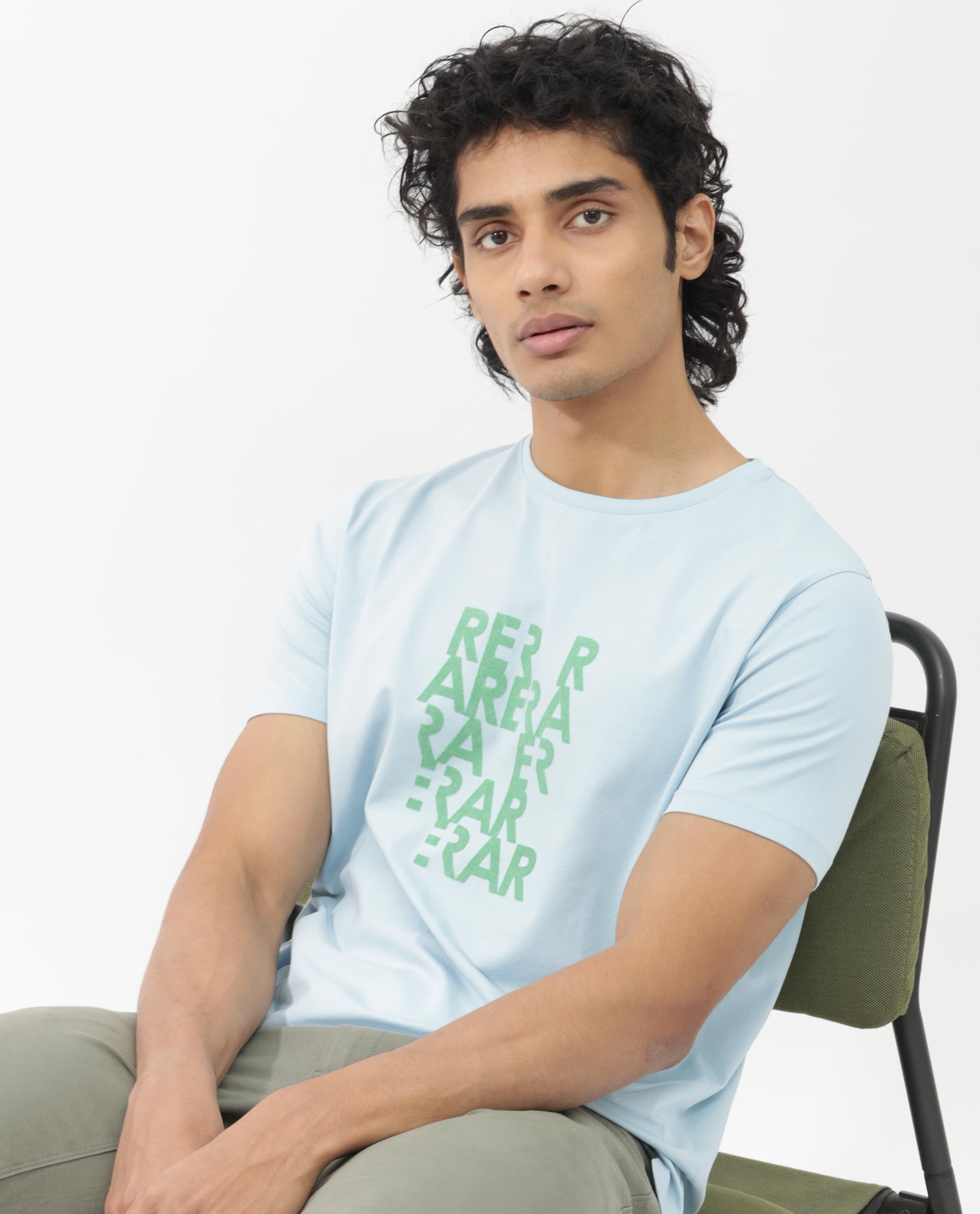 Rare Rabbit Mens Akro Light Blue Cotton Lycra Fabric Half Sleeves Graphic Print T-Shirt