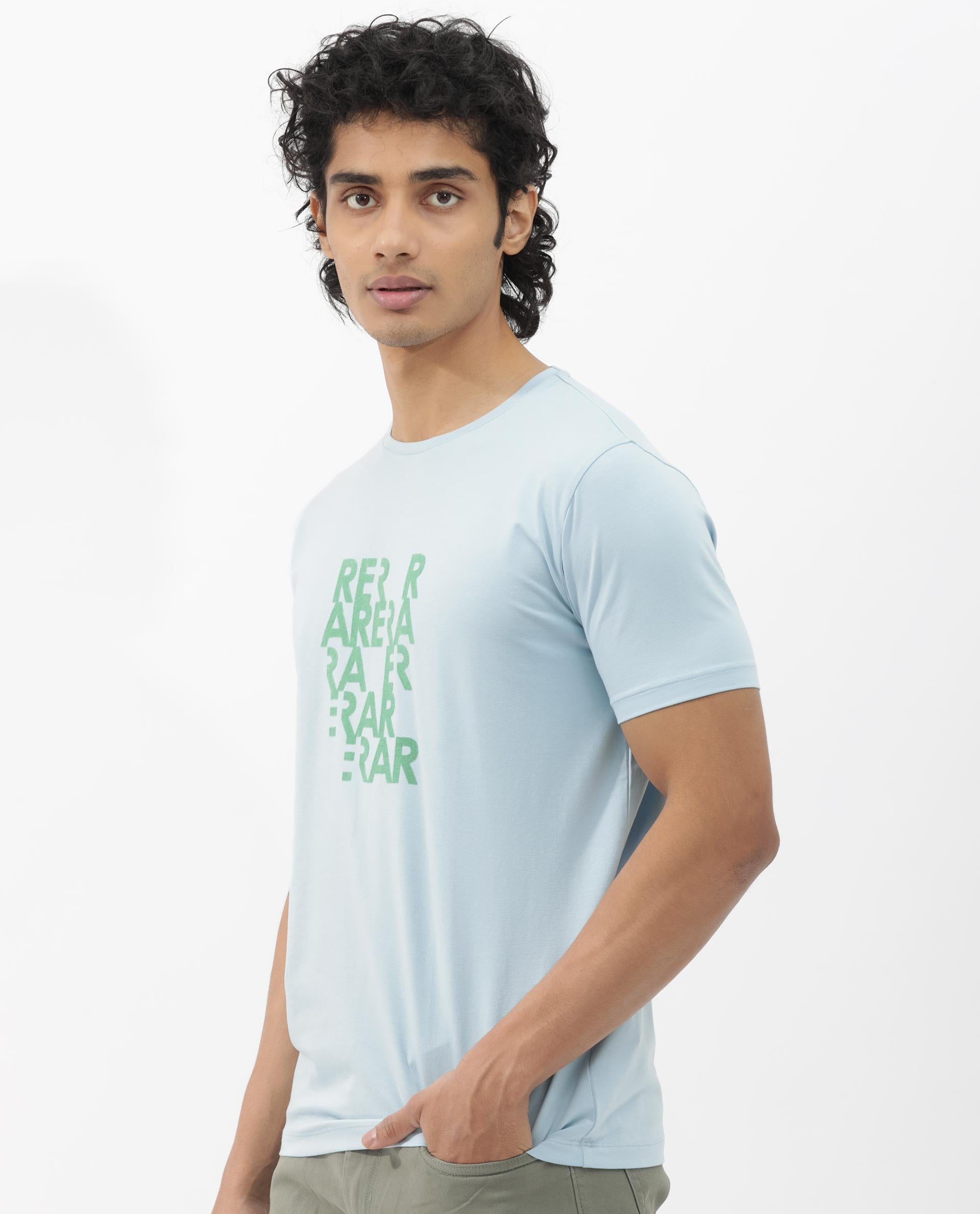 Rare Rabbit Mens Akro Light Blue Cotton Lycra Fabric Half Sleeves Graphic Print T-Shirt