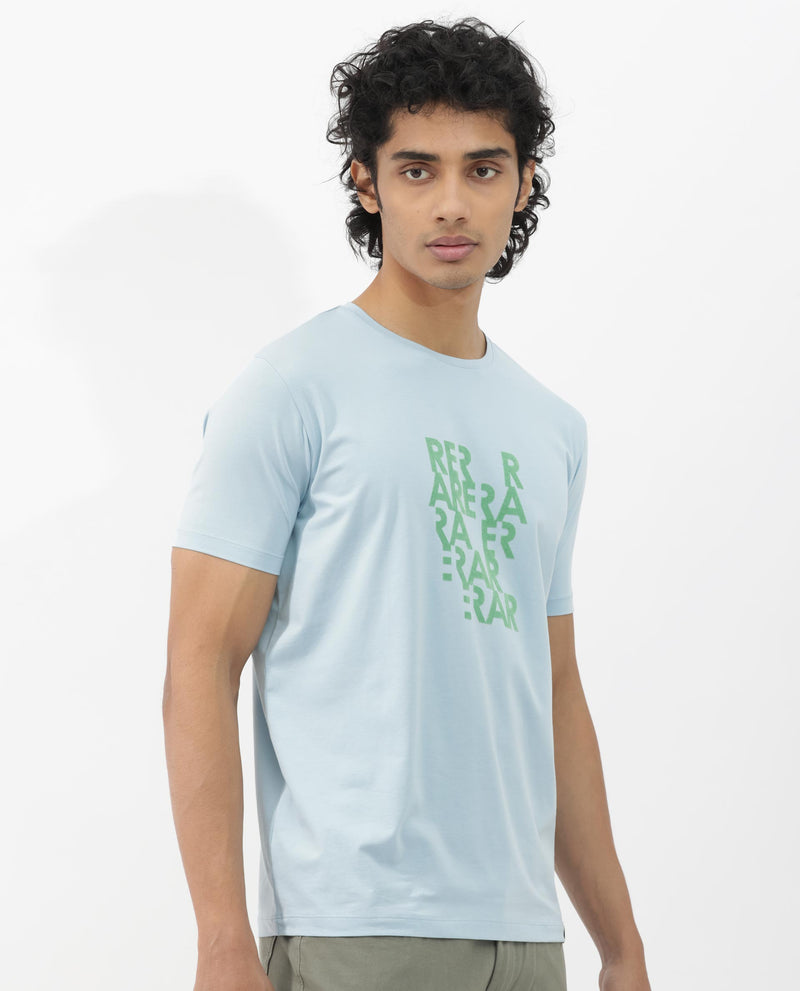 Rare Rabbit Mens Akro Light Blue Cotton Lycra Fabric Half Sleeves Graphic Print T-Shirt