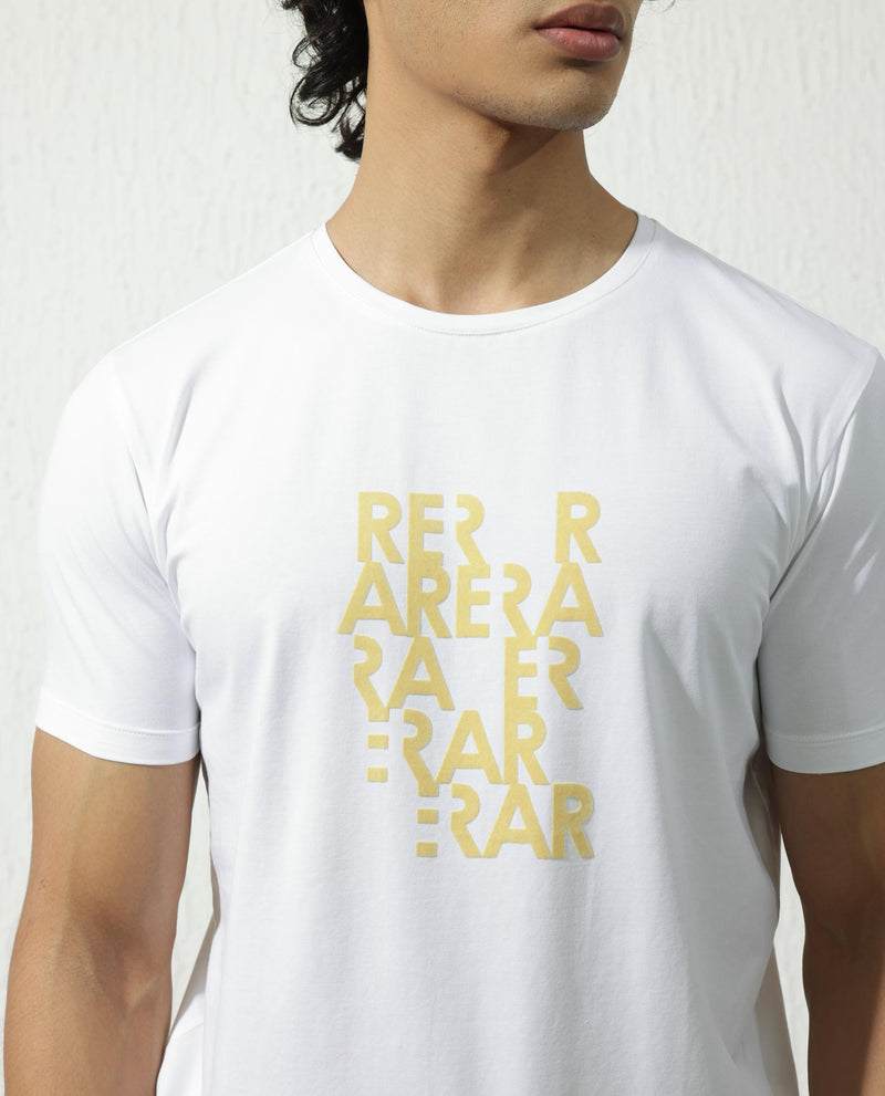 Rare Rabbit Men's Akro White Cotton Lycra Fabric Half Sleeves Graphic Print T-Shirt