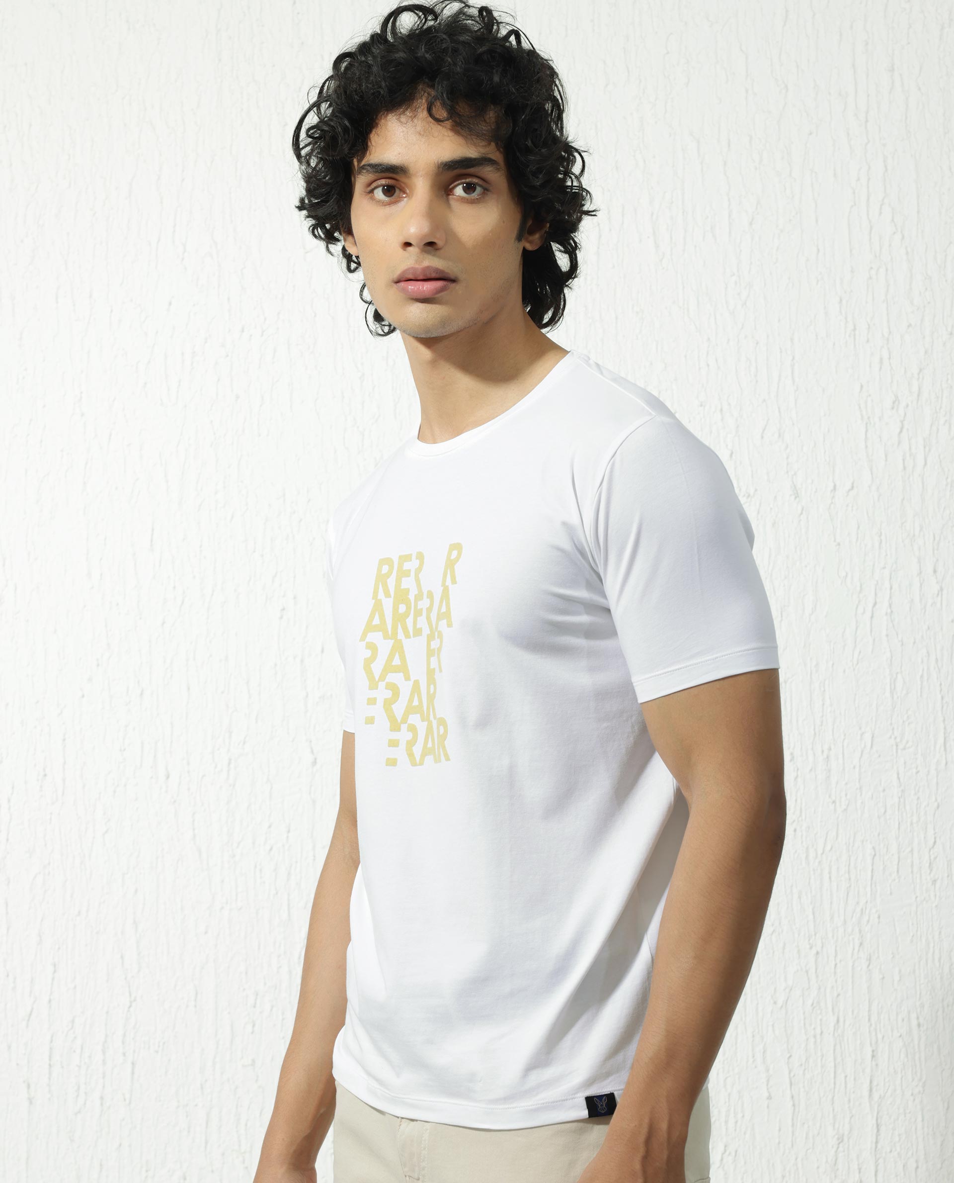 Rare Rabbit Men's Akro White Cotton Lycra Fabric Half Sleeves Graphic Print T-Shirt