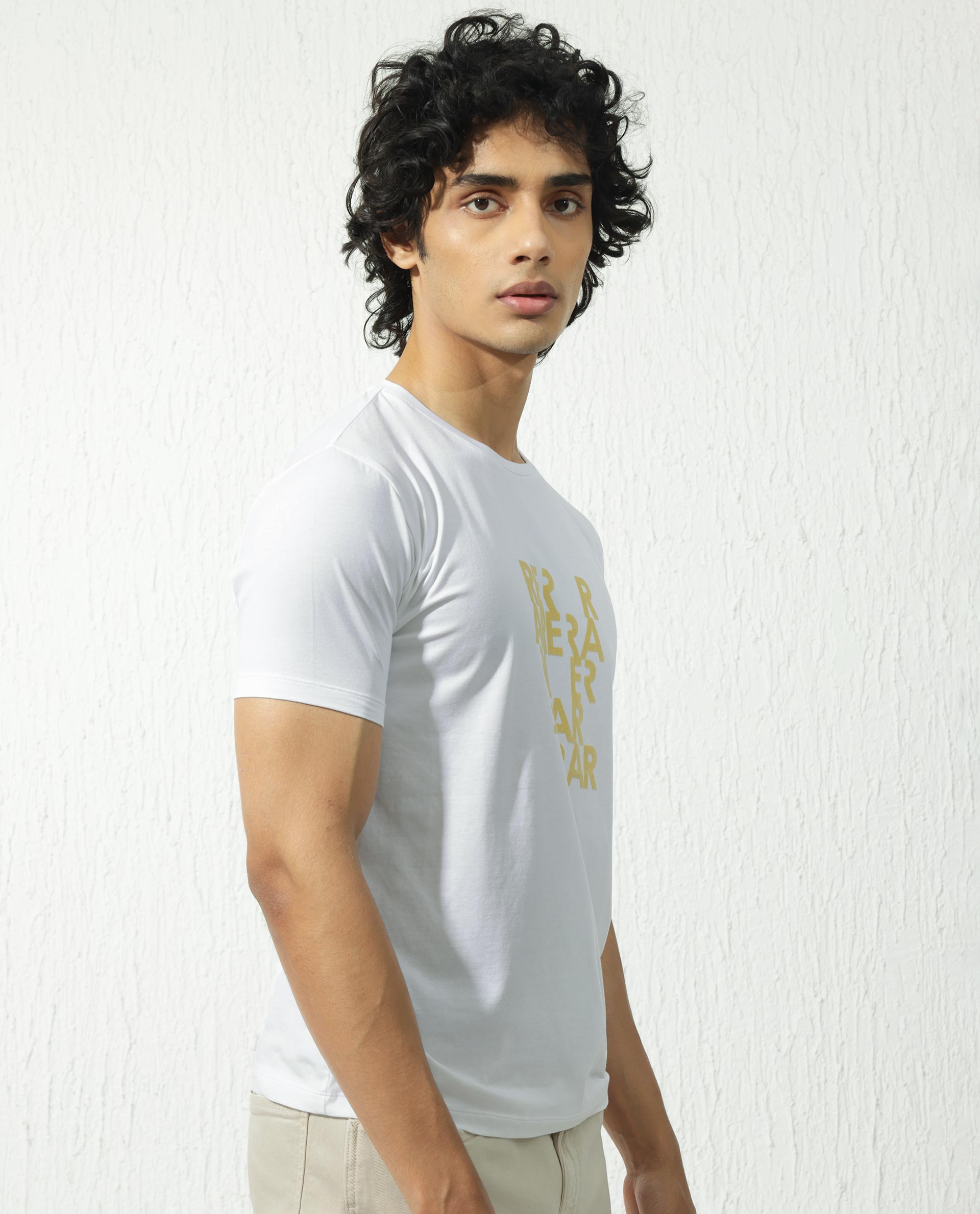 Rare Rabbit Men's Akro White Cotton Lycra Fabric Half Sleeves Graphic Print T-Shirt