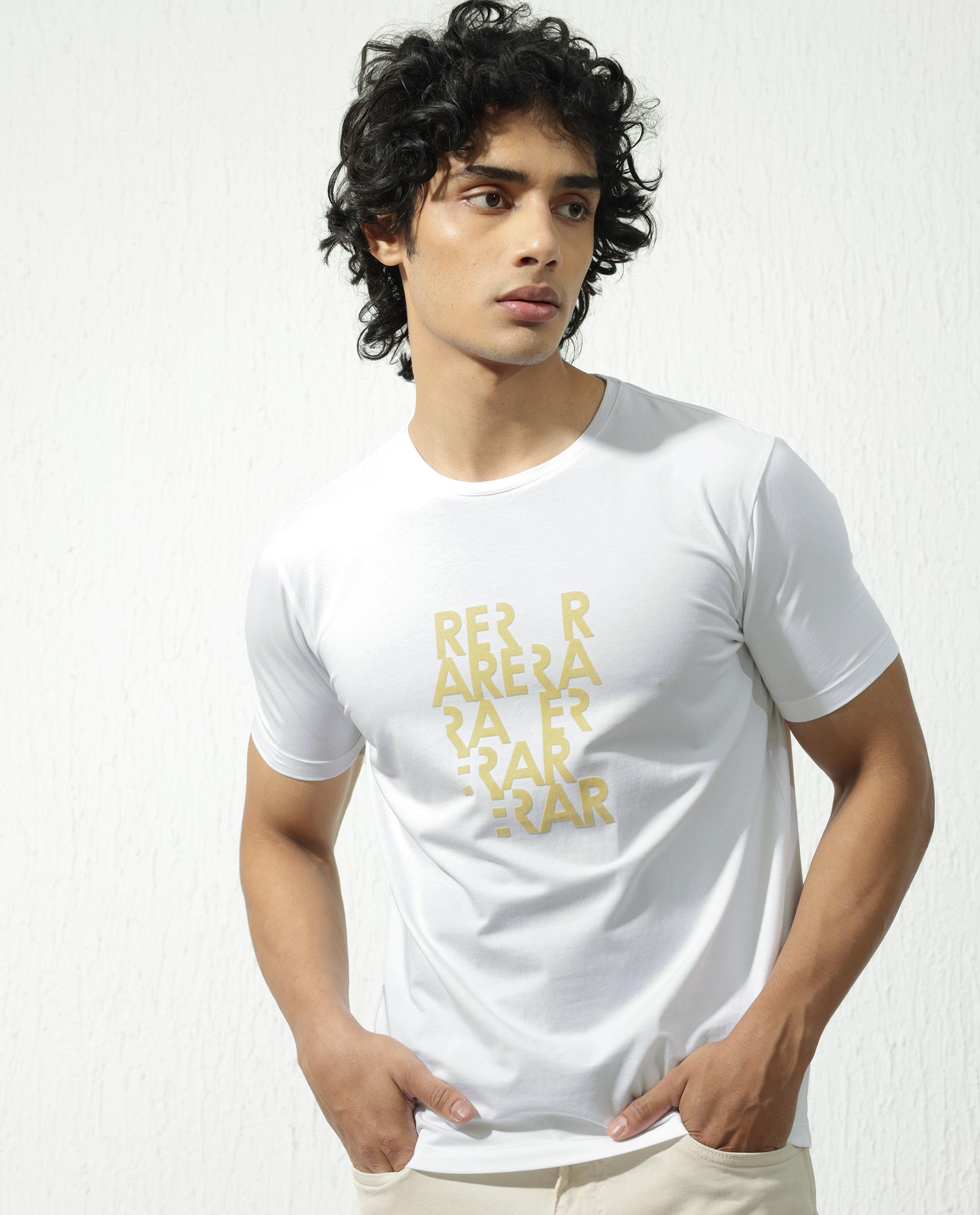 Rare Rabbit Men's Akro White Cotton Lycra Fabric Half Sleeves Graphic Print T-Shirt