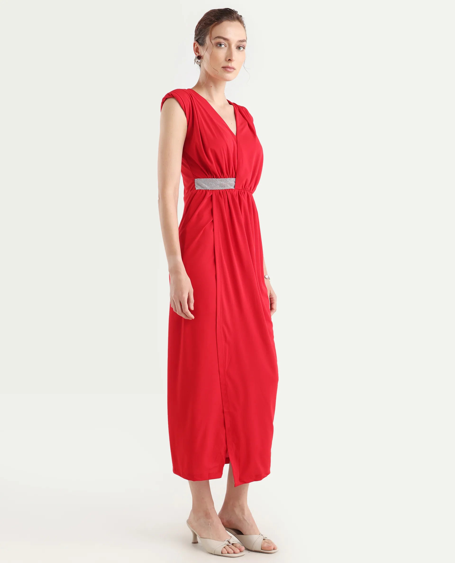 Rareism Women's Aksaray Maroon Polyester Wrap Neck Plain Sleeveless Maxi Fitted Dress