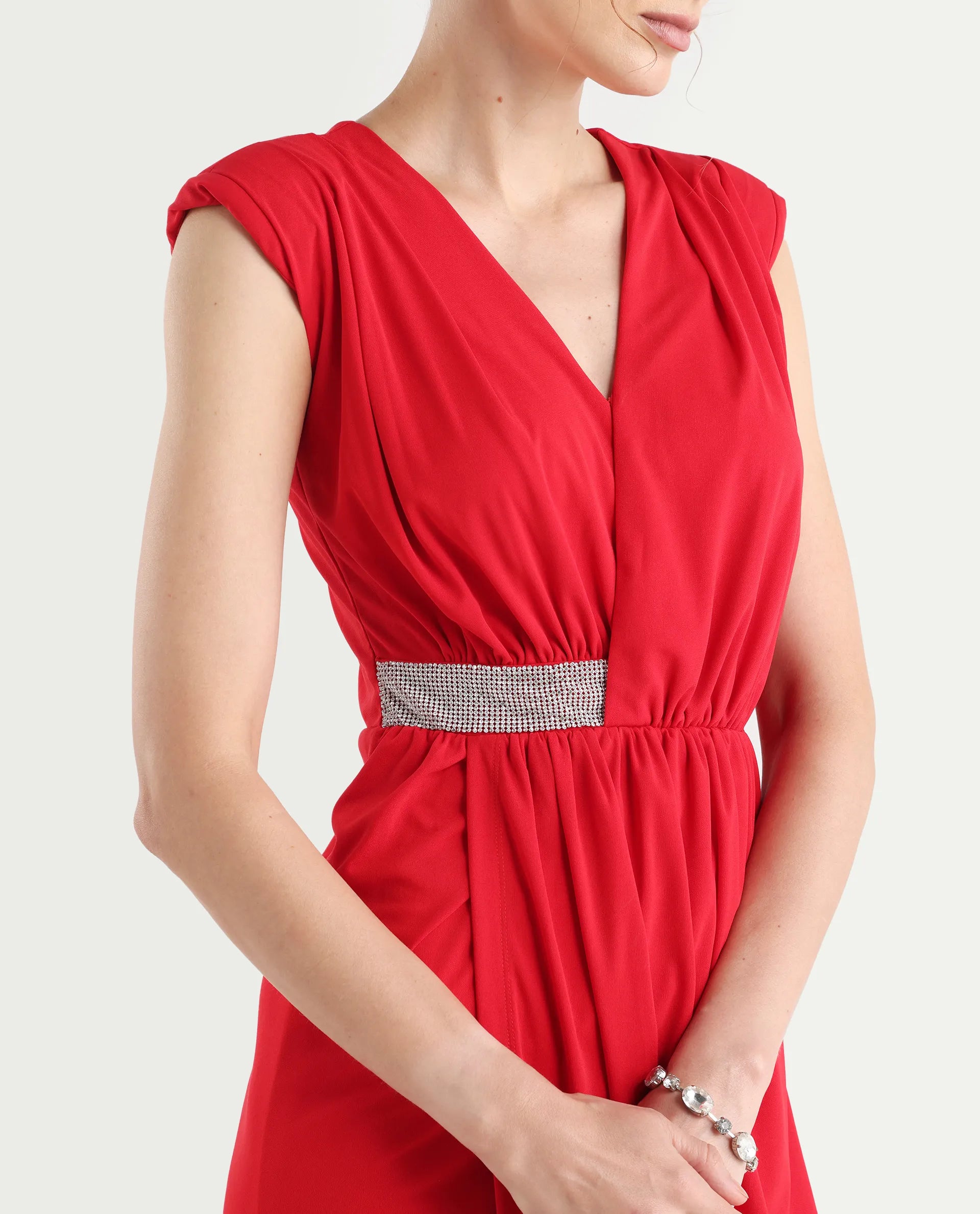 Rareism Women's Aksaray Maroon Polyester Wrap Neck Plain Sleeveless Maxi Fitted Dress