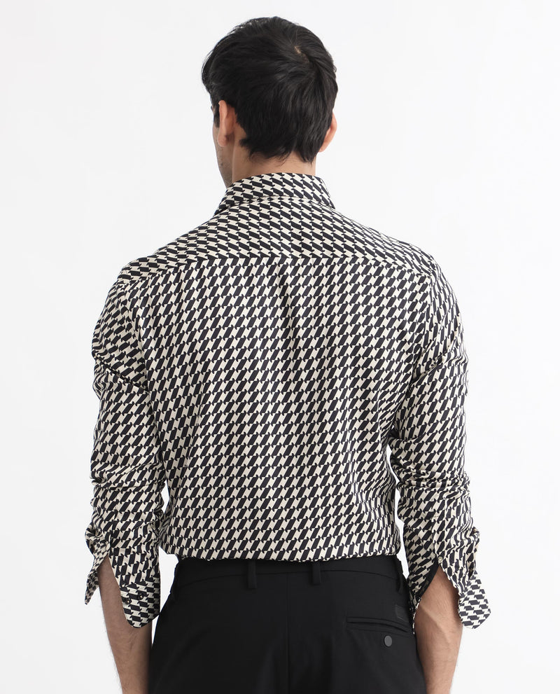 Rare Rabbit Men's Allin Black Cotton Modal Fabric Geometric Print Full Sleeves Shirt