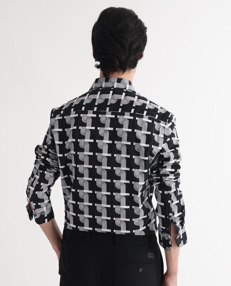 Rare Rabbit Men's Alava Black Cotton Viscose Fabric Geometric Print Full Sleeves Shirt