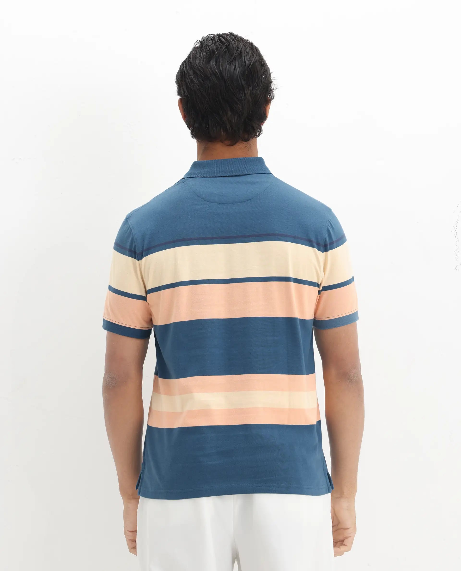 Rare Rabbit Men's Albans Dark Navy Cotton Striped Print Regular Fit Half Sleeve Polo