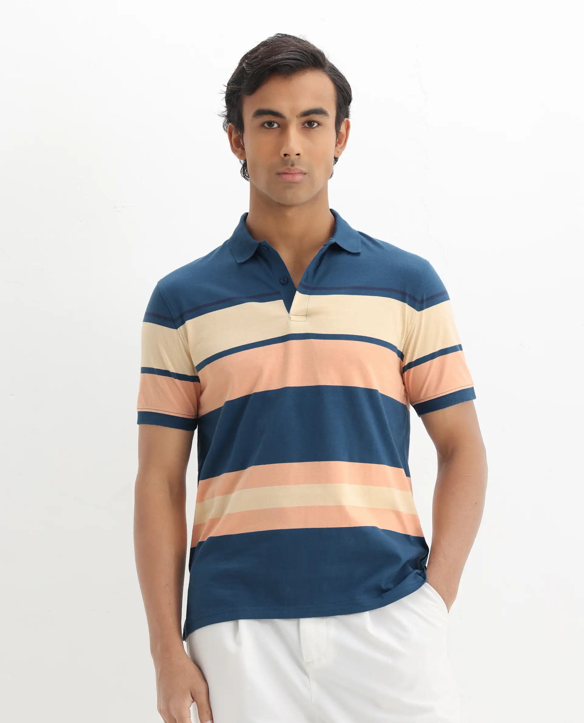 Rare Rabbit Men's Albans Dark Navy Cotton Striped Print Regular Fit Half Sleeve Polo