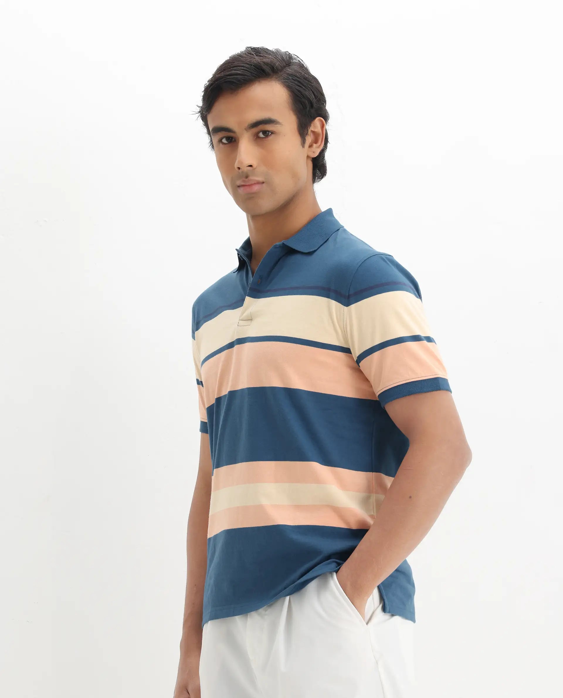 Rare Rabbit Men's Albans Dark Navy Cotton Striped Print Regular Fit Half Sleeve Polo