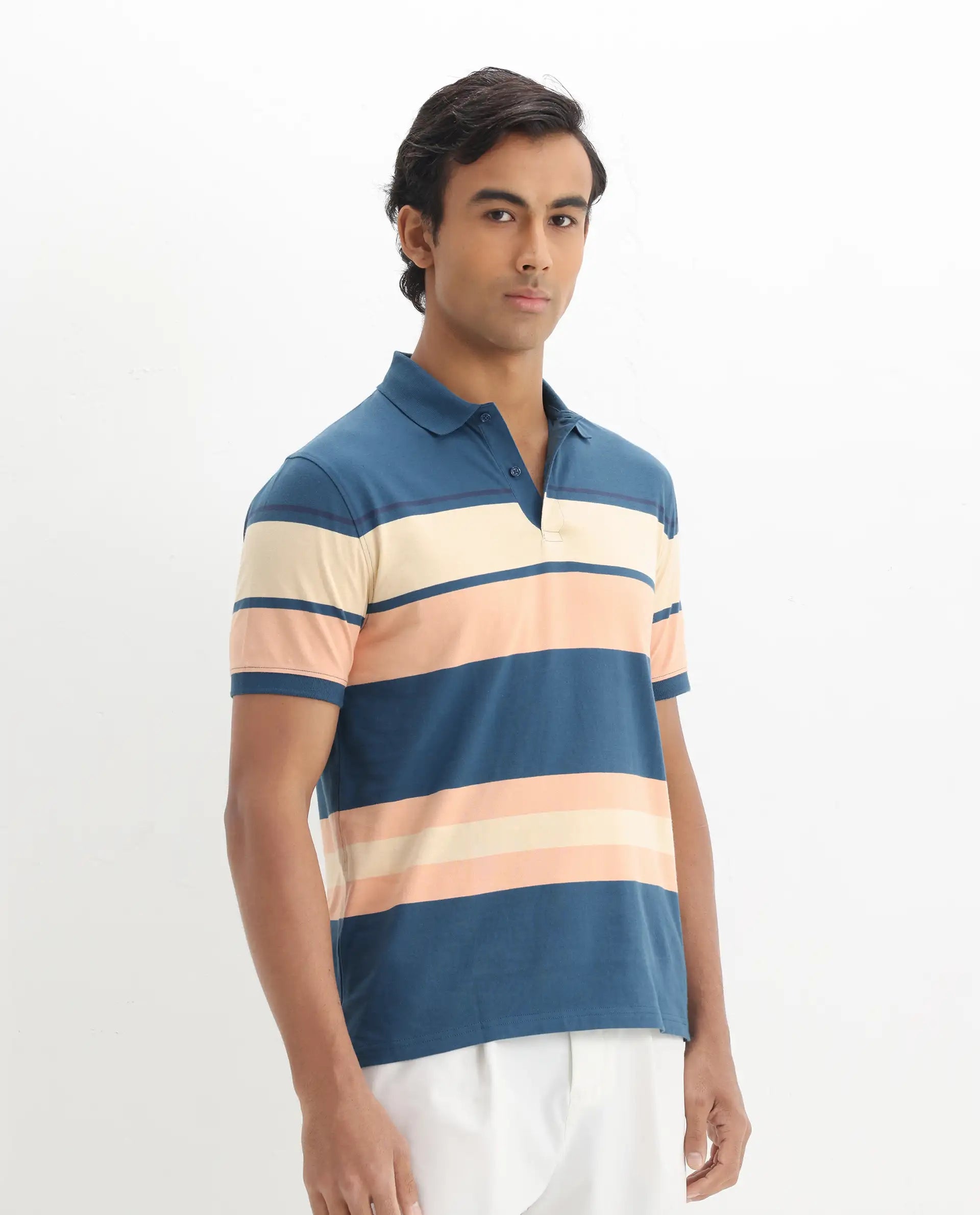 Rare Rabbit Men's Albans Dark Navy Cotton Striped Print Regular Fit Half Sleeve Polo