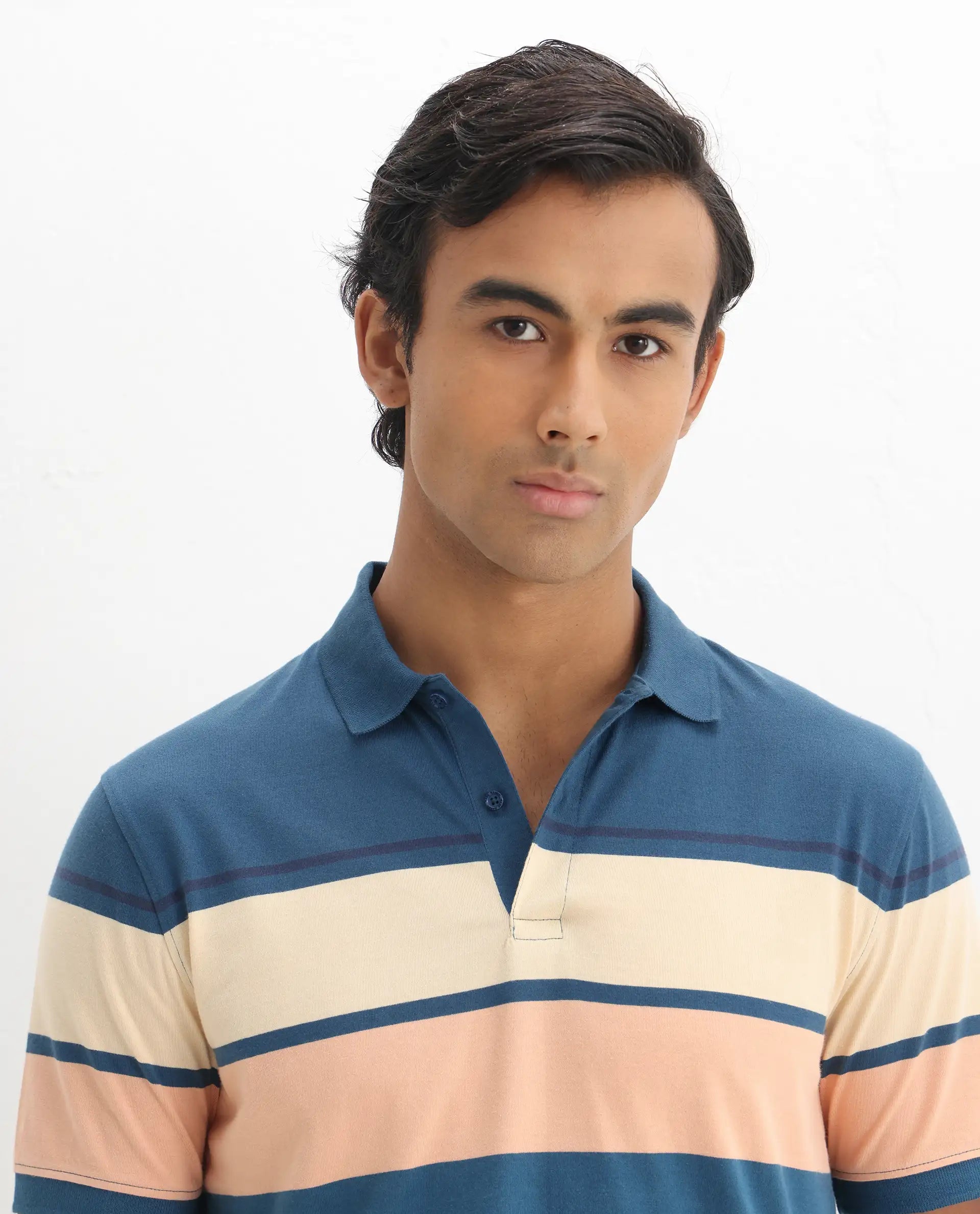 Rare Rabbit Men's Albans Dark Navy Cotton Striped Print Regular Fit Half Sleeve Polo