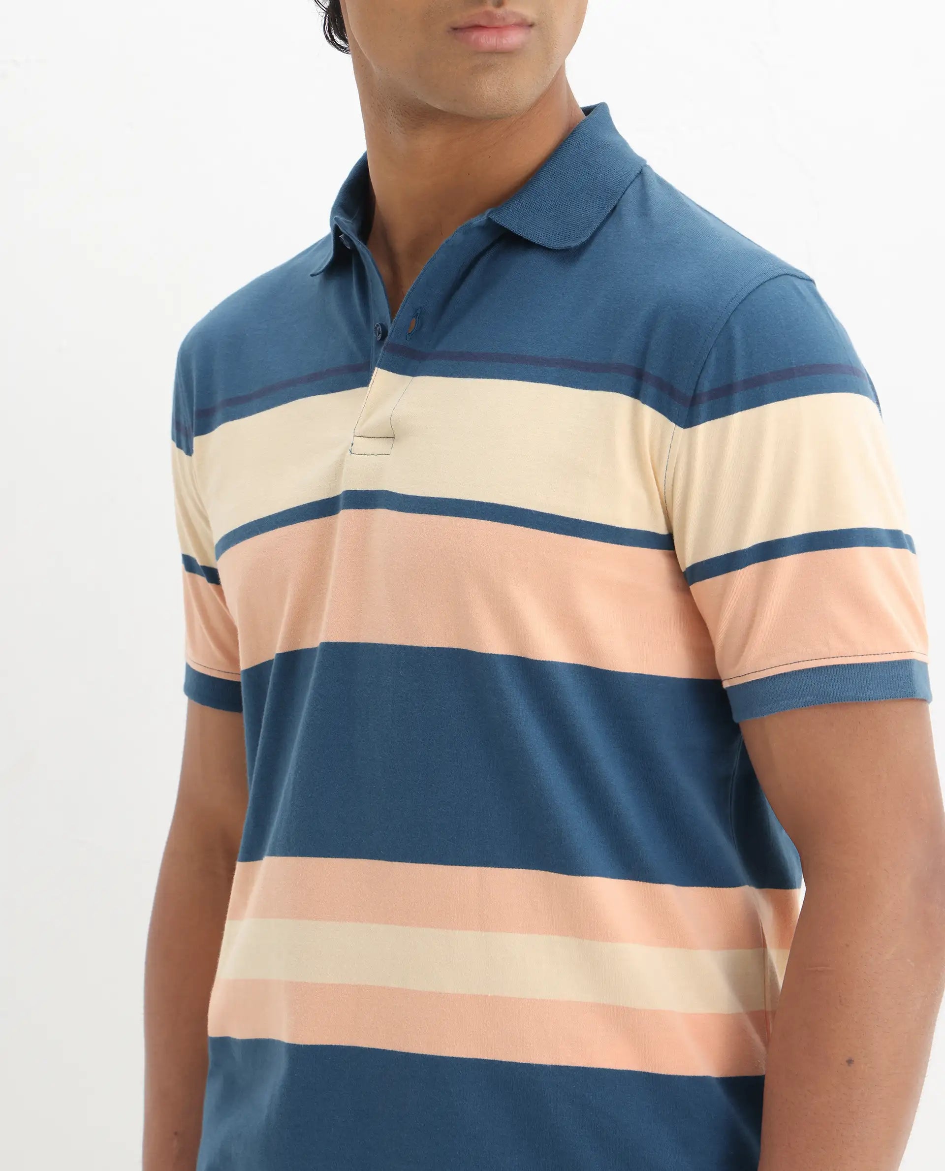 Rare Rabbit Men's Albans Dark Navy Cotton Striped Print Regular Fit Half Sleeve Polo