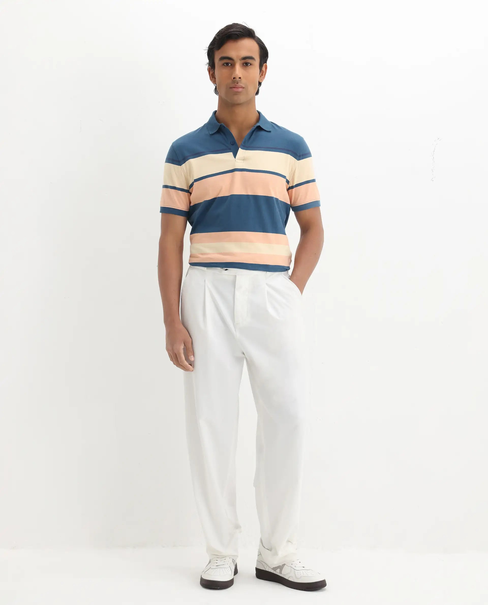 Rare Rabbit Men's Albans Dark Navy Cotton Striped Print Regular Fit Half Sleeve Polo