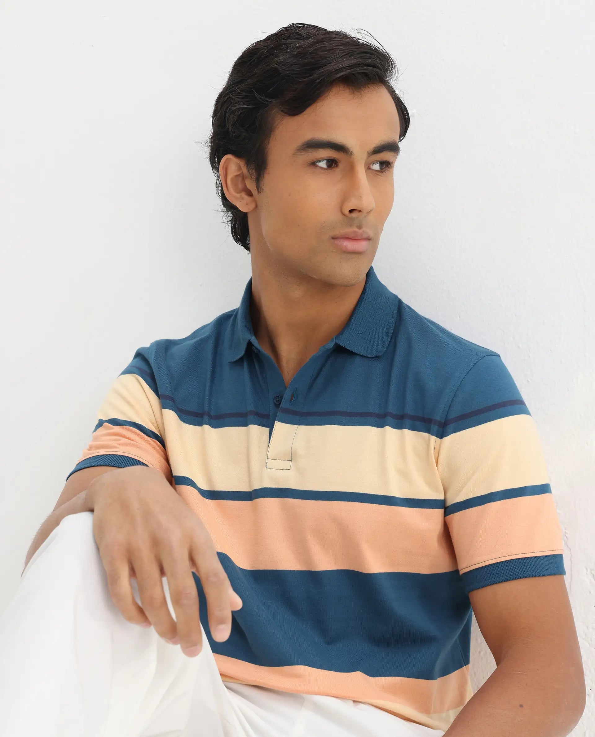 Rare Rabbit Men's Albans Dark Navy Cotton Striped Print Regular Fit Half Sleeve Polo