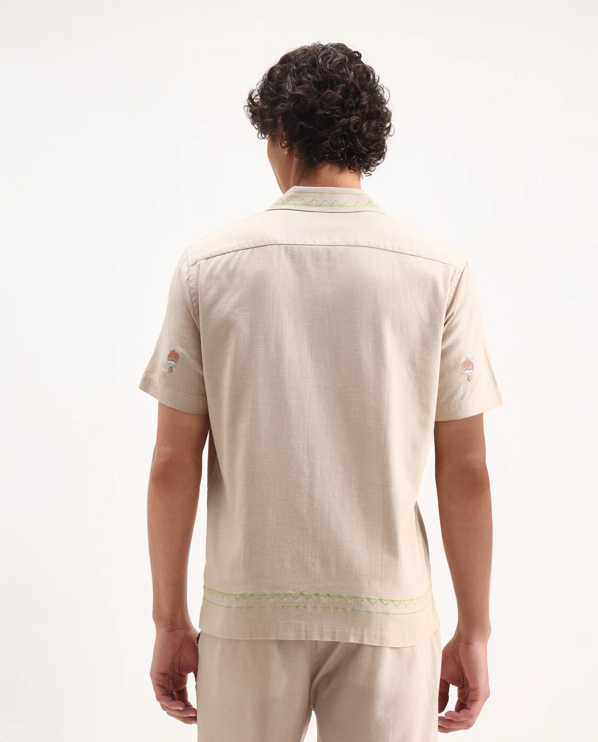 Rare Rabbit Men's Albet Off White Cotton Embroidered Boxy Fit Half Sleeve Cuban Collar Shirt