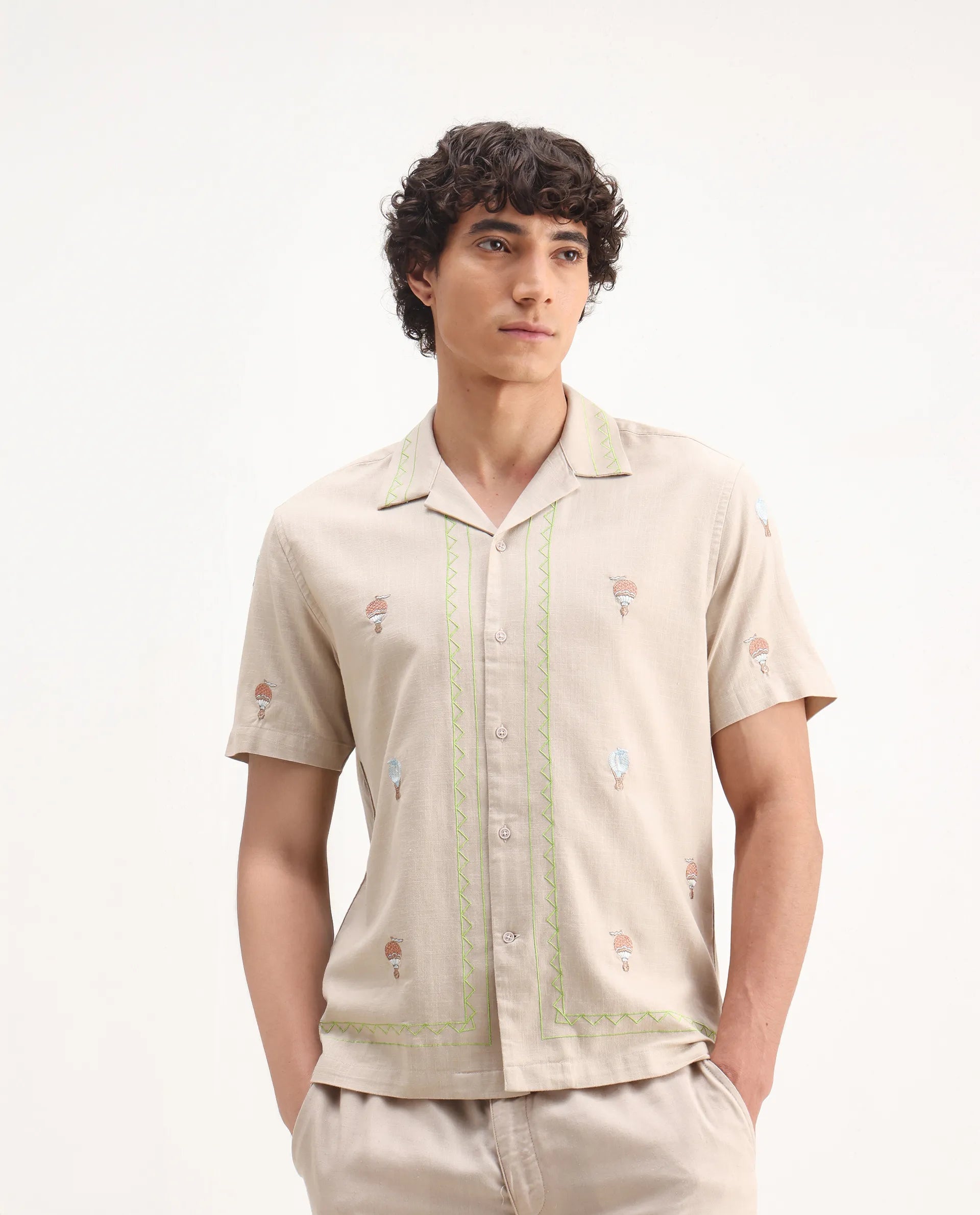 Rare Rabbit Men's Albet Off White Cotton Embroidered Boxy Fit Half Sleeve Cuban Collar Shirt