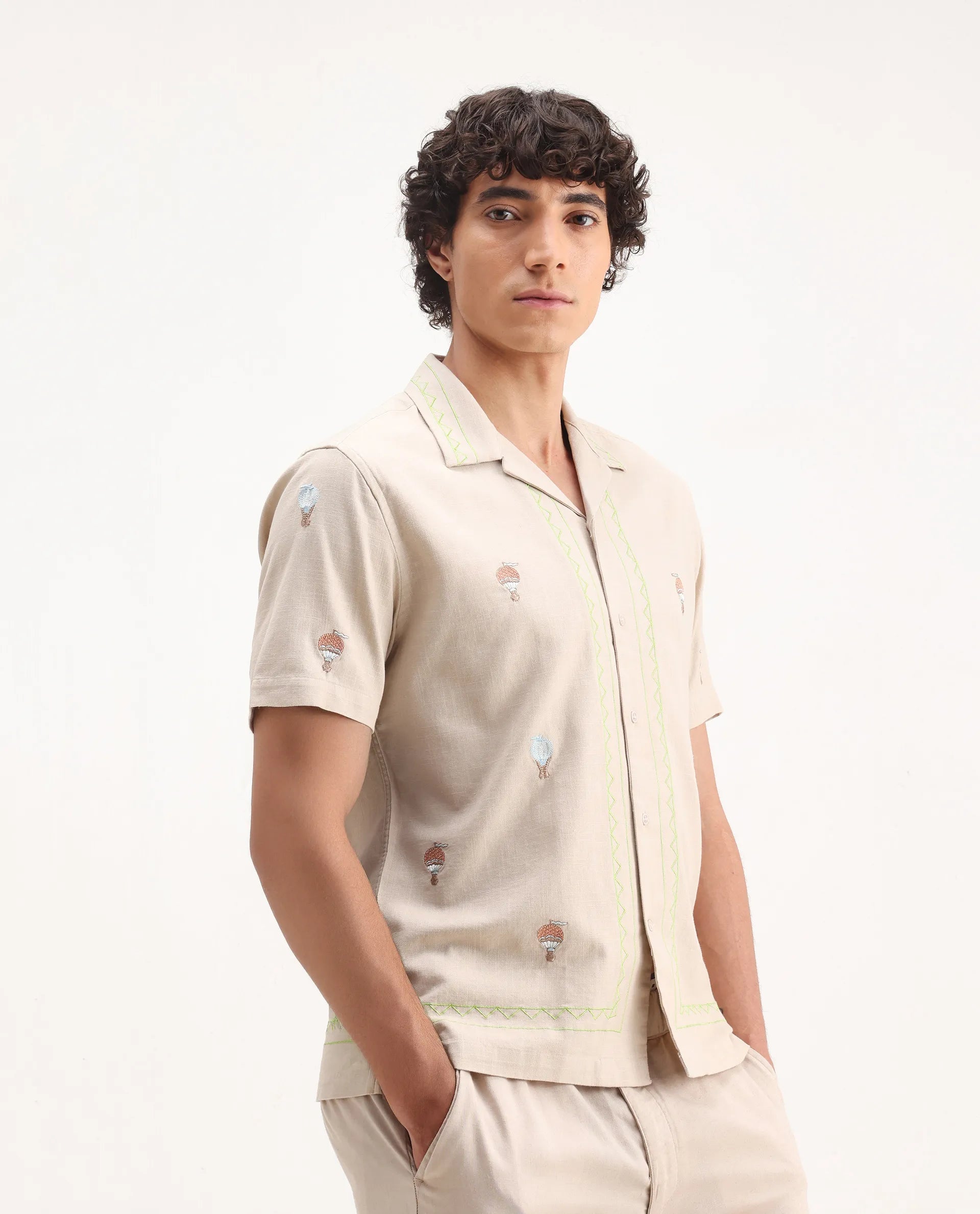 Rare Rabbit Men's Albet Off White Cotton Embroidered Boxy Fit Half Sleeve Cuban Collar Shirt