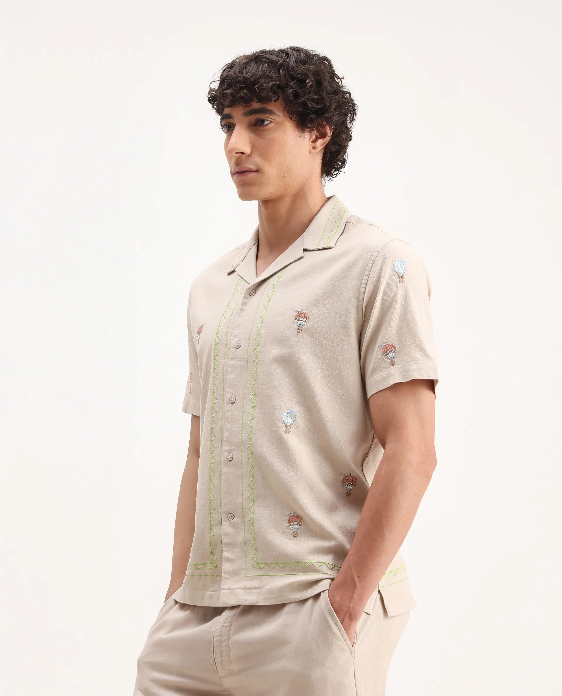 Rare Rabbit Men's Albet Off White Cotton Embroidered Boxy Fit Half Sleeve Cuban Collar Shirt