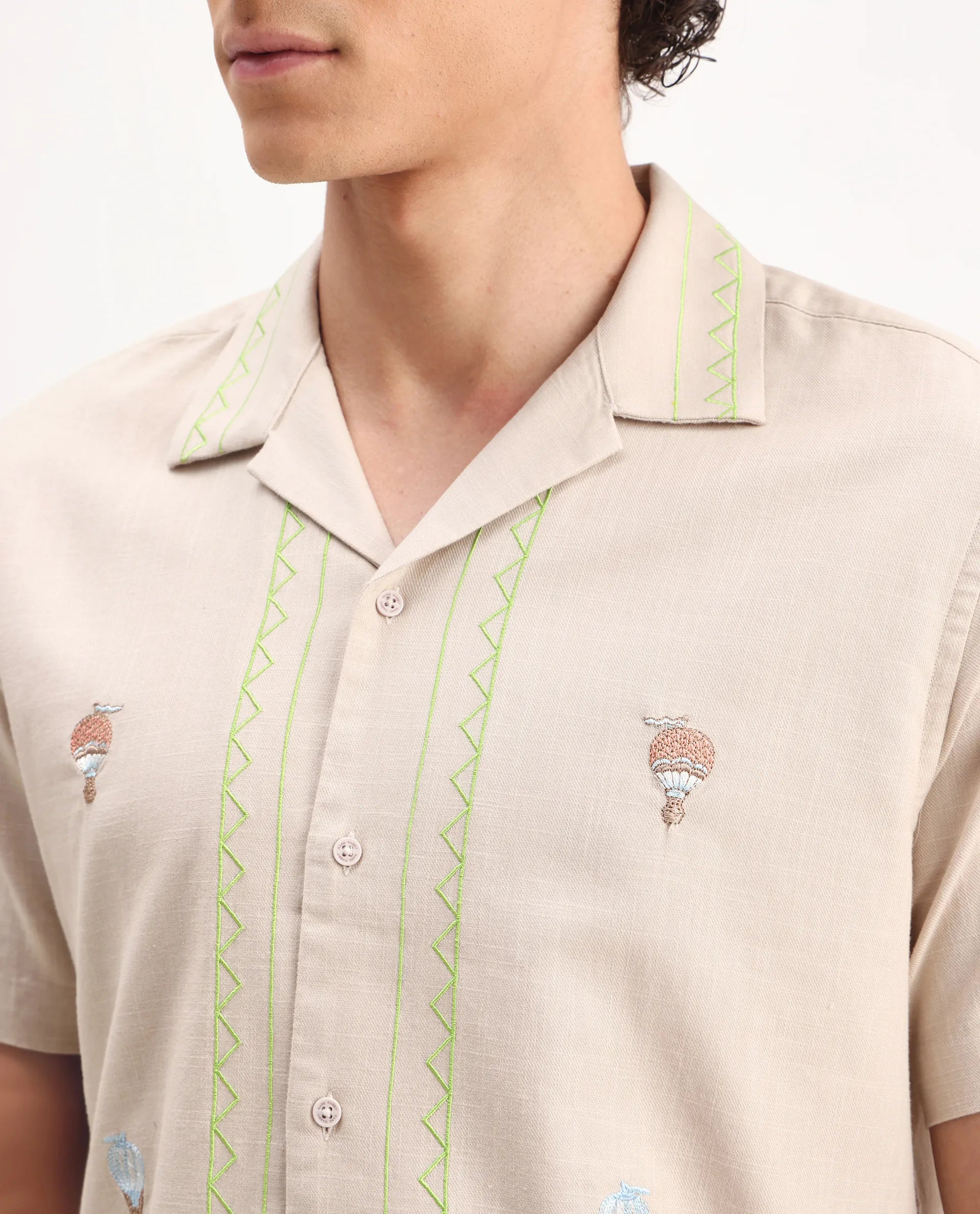 Rare Rabbit Men's Albet Off White Cotton Embroidered Boxy Fit Half Sleeve Cuban Collar Shirt