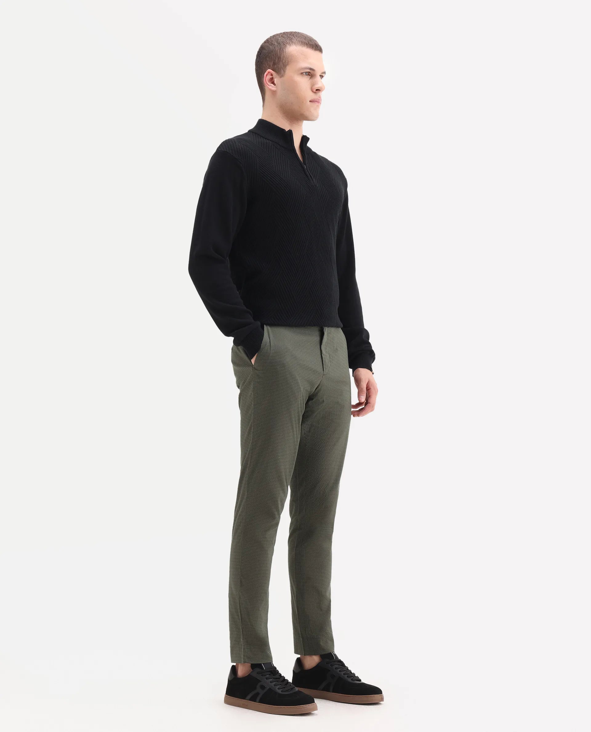 Rare Rabbit Men's Albion Green Cotton Checked Print Regular Fit Trouser