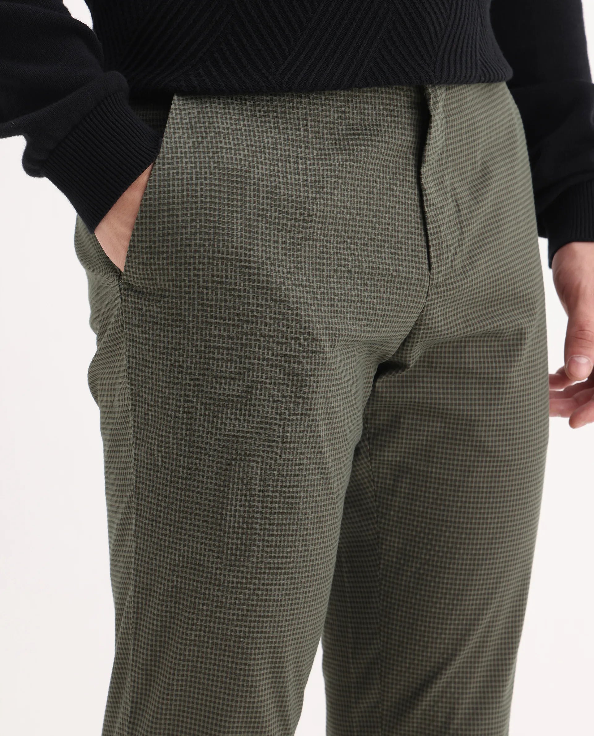 Rare Rabbit Men's Albion Green Cotton Checked Print Regular Fit Trouser