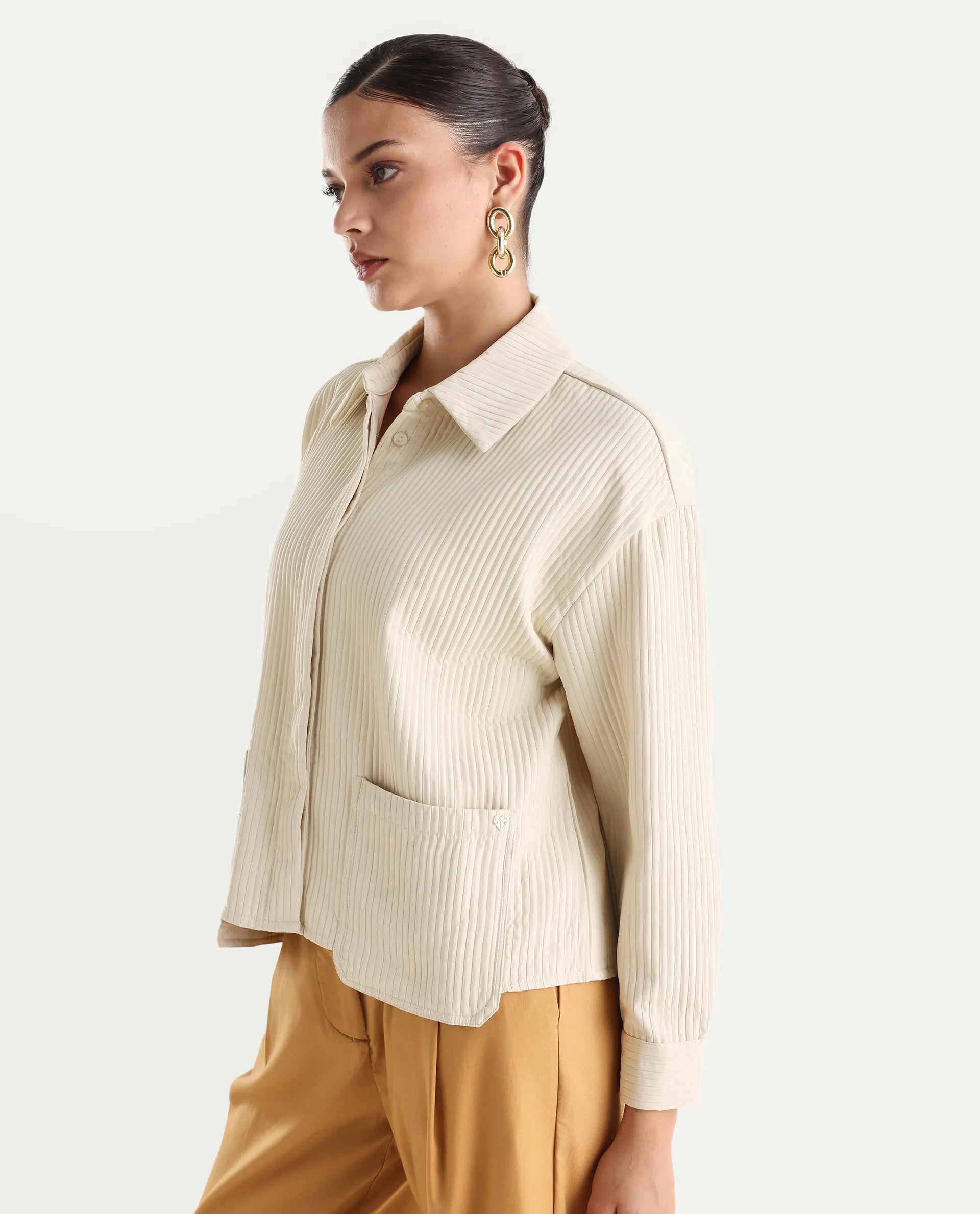 Rareism Women's Albury Off White Polyester Drop Collar Plain Cuffed Sleeve Boxy Fit Jacket