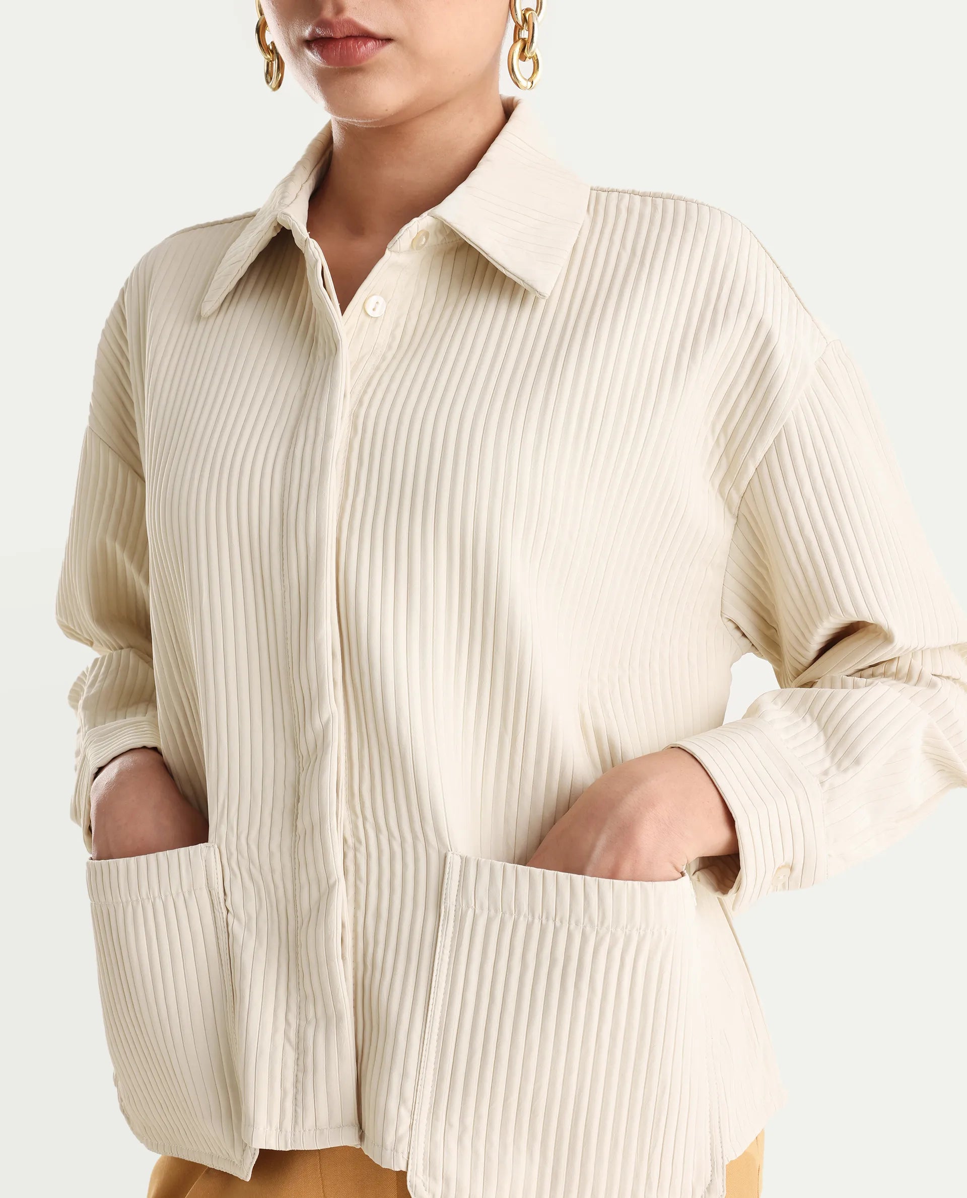 Rareism Women's Albury Off White Polyester Drop Collar Plain Cuffed Sleeve Boxy Fit Jacket