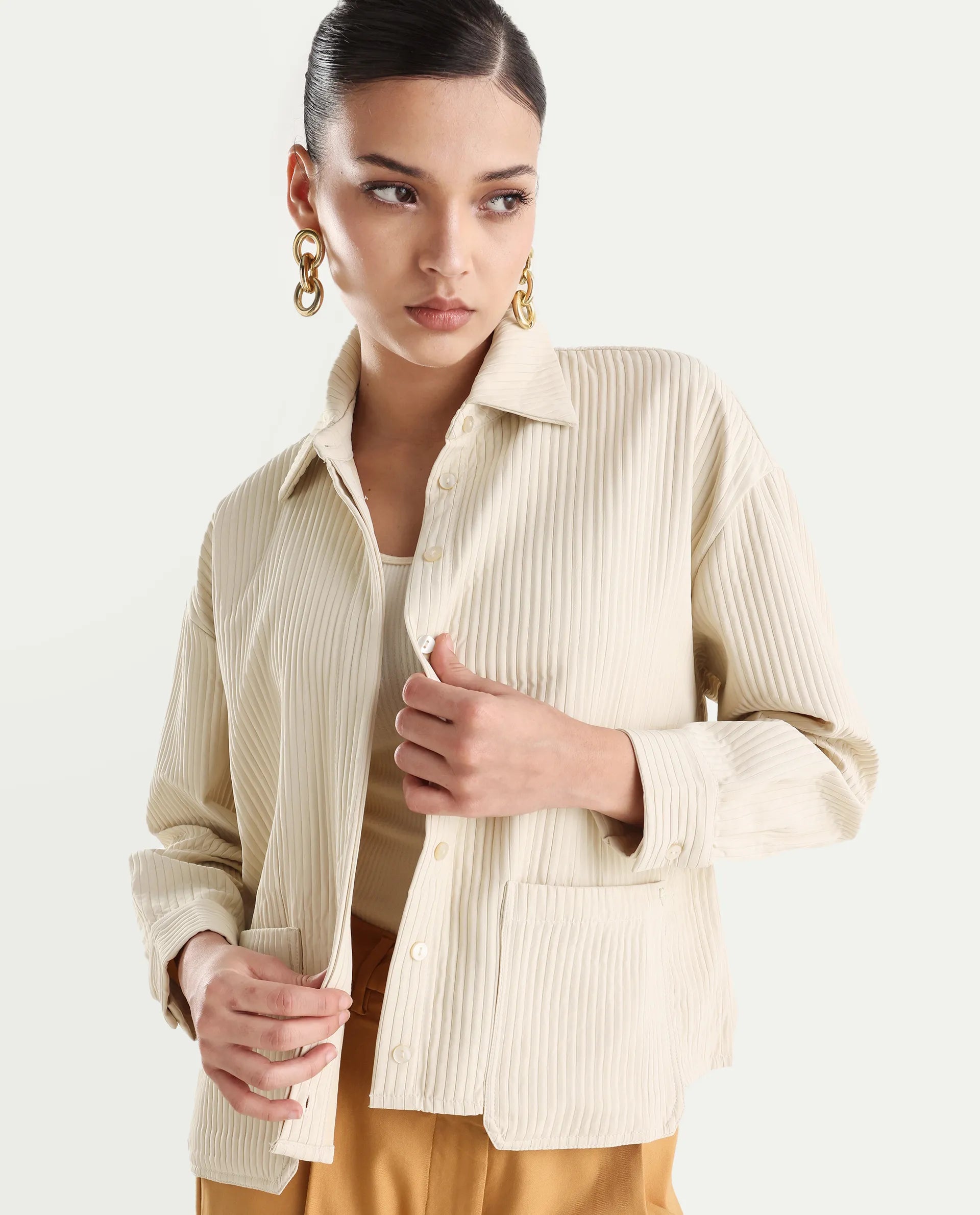 Rareism Women's Albury Off White Polyester Drop Collar Plain Cuffed Sleeve Boxy Fit Jacket
