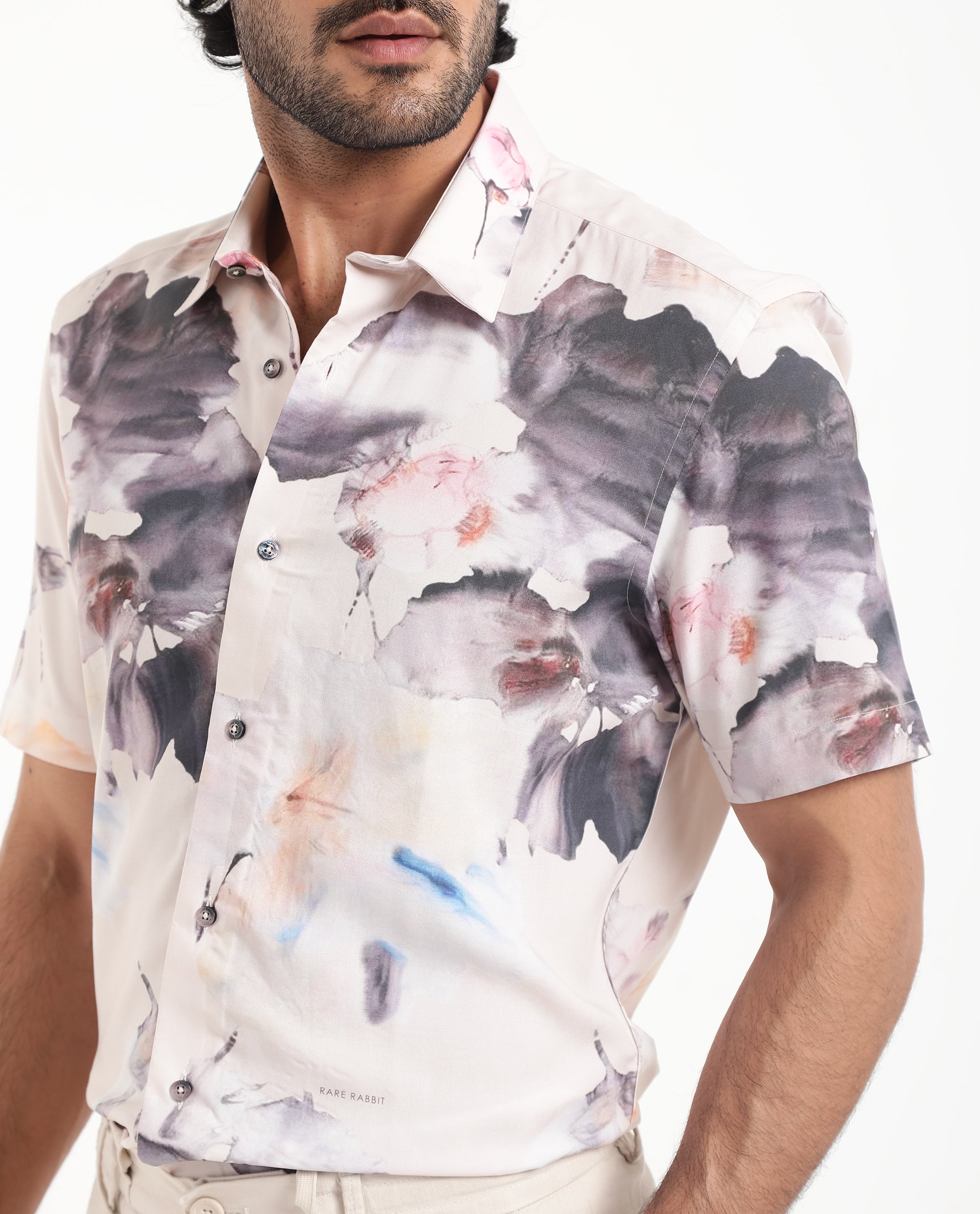Rare Rabbit Men's Alcamy White Viscose Fabric Half Sleeves Regular Fit Floral Print Shirt