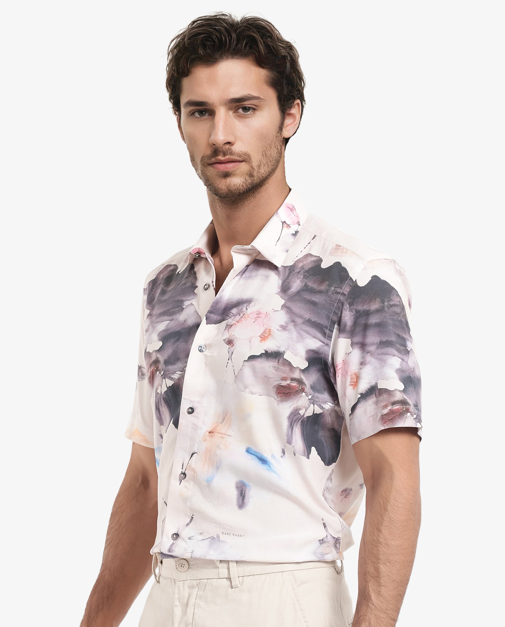 Rare Rabbit Men's Alcamy White Viscose Fabric Half Sleeves Regular Fit Floral Print Shirt