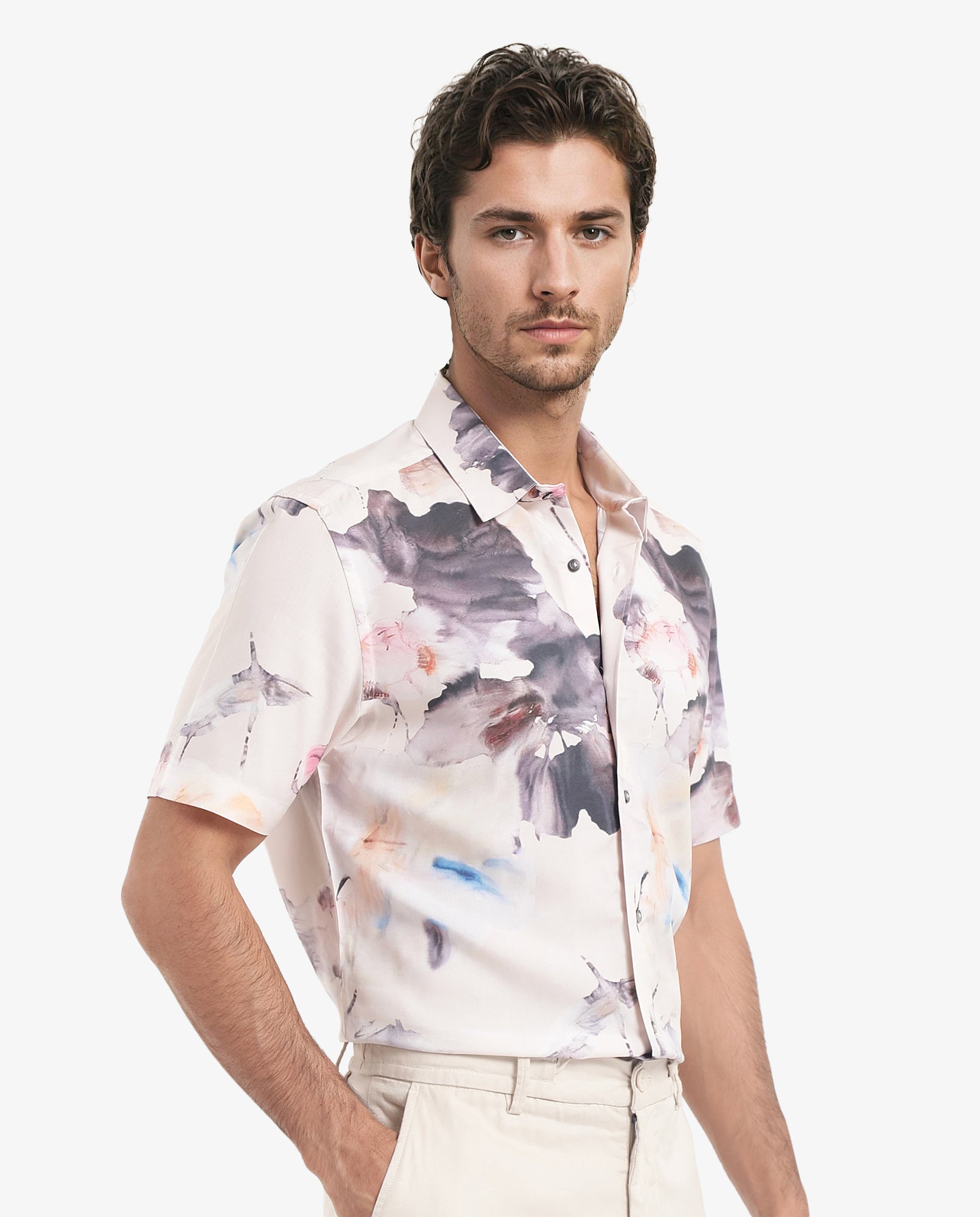 Rare Rabbit Men's Alcamy White Viscose Fabric Half Sleeves Regular Fit Floral Print Shirt