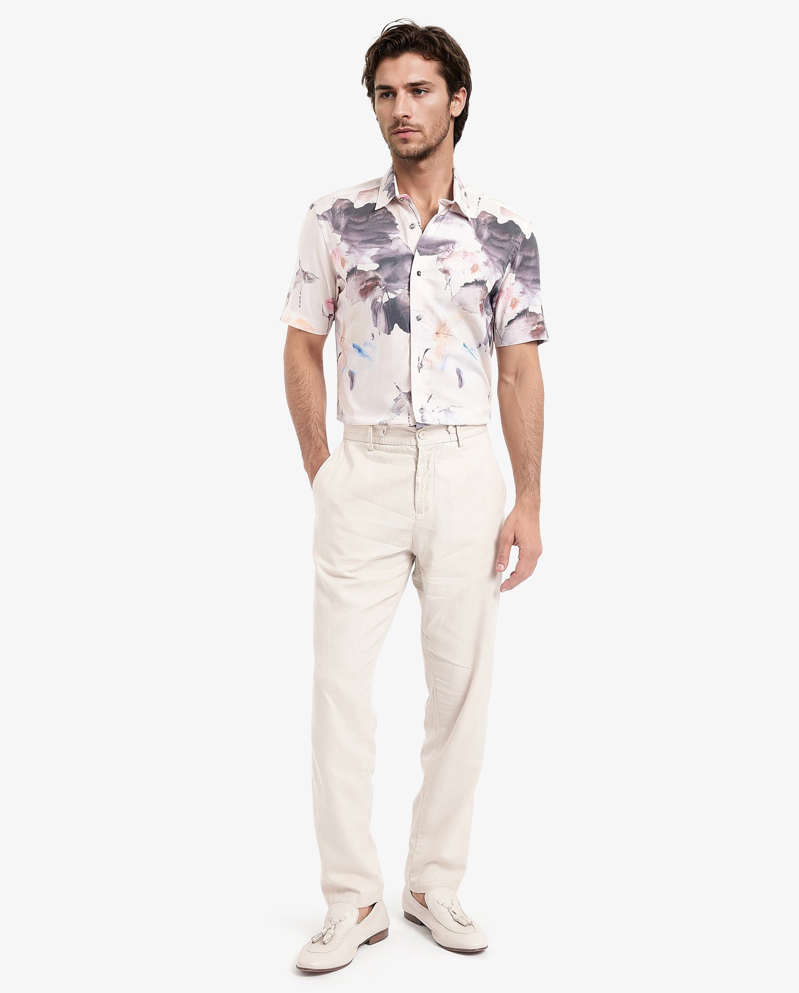 Rare Rabbit Men's Alcamy White Viscose Fabric Half Sleeves Regular Fit Floral Print Shirt