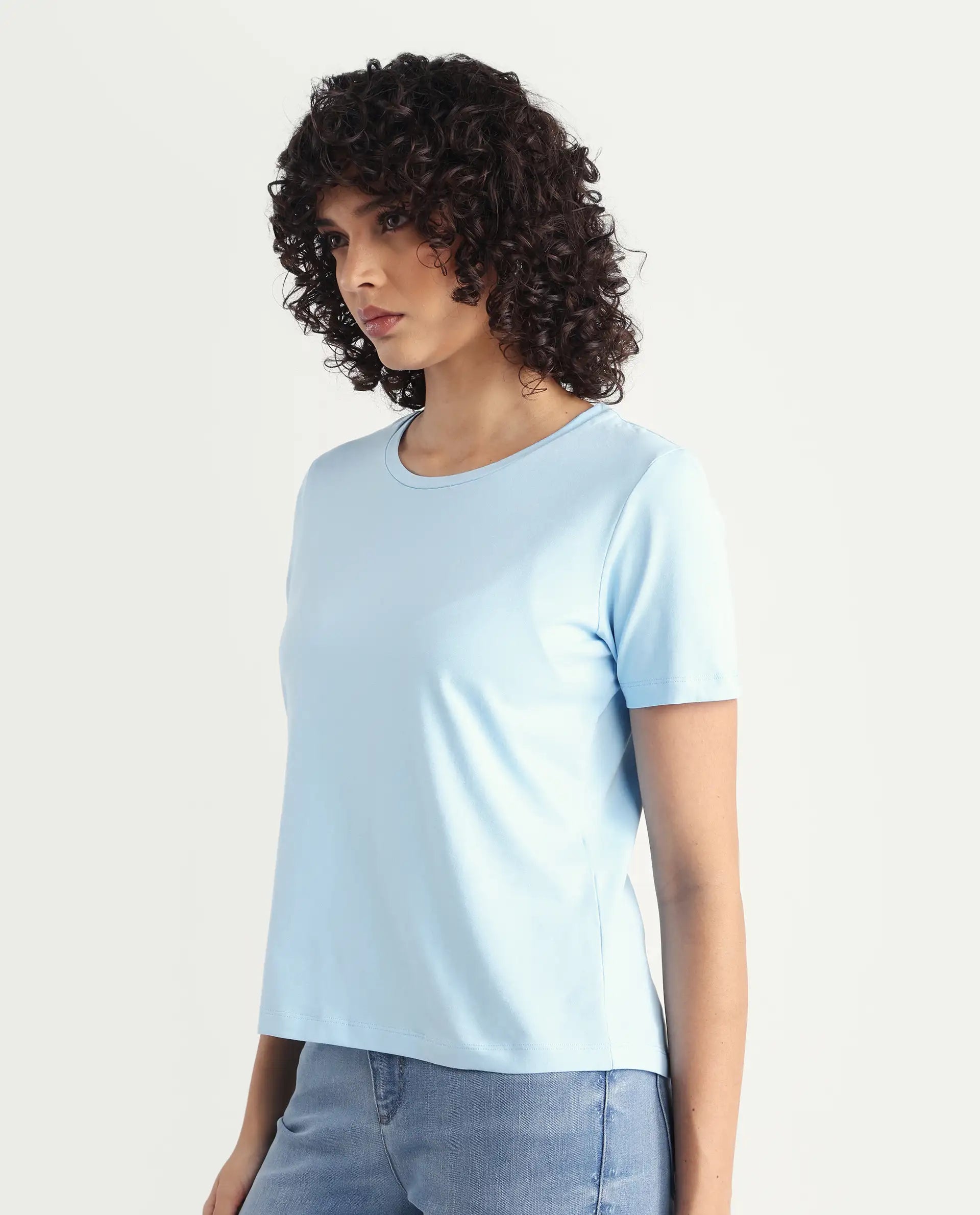Rareism Women's Light Weight High Stretch 180 Gsm Cotton Crew Neck Plain Regular Fit T-Shirt