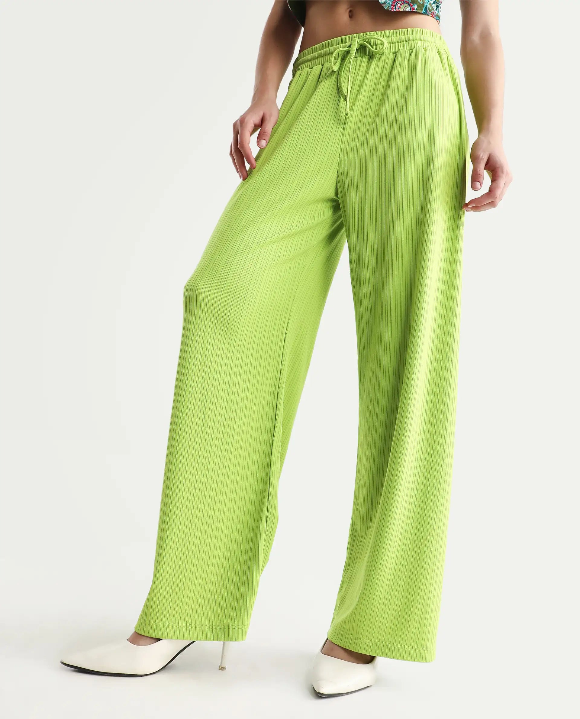 Rareism Women's Alcazar Flouroscent Green Polyester Blend Plain Ankle Length Straight Fit Trouser