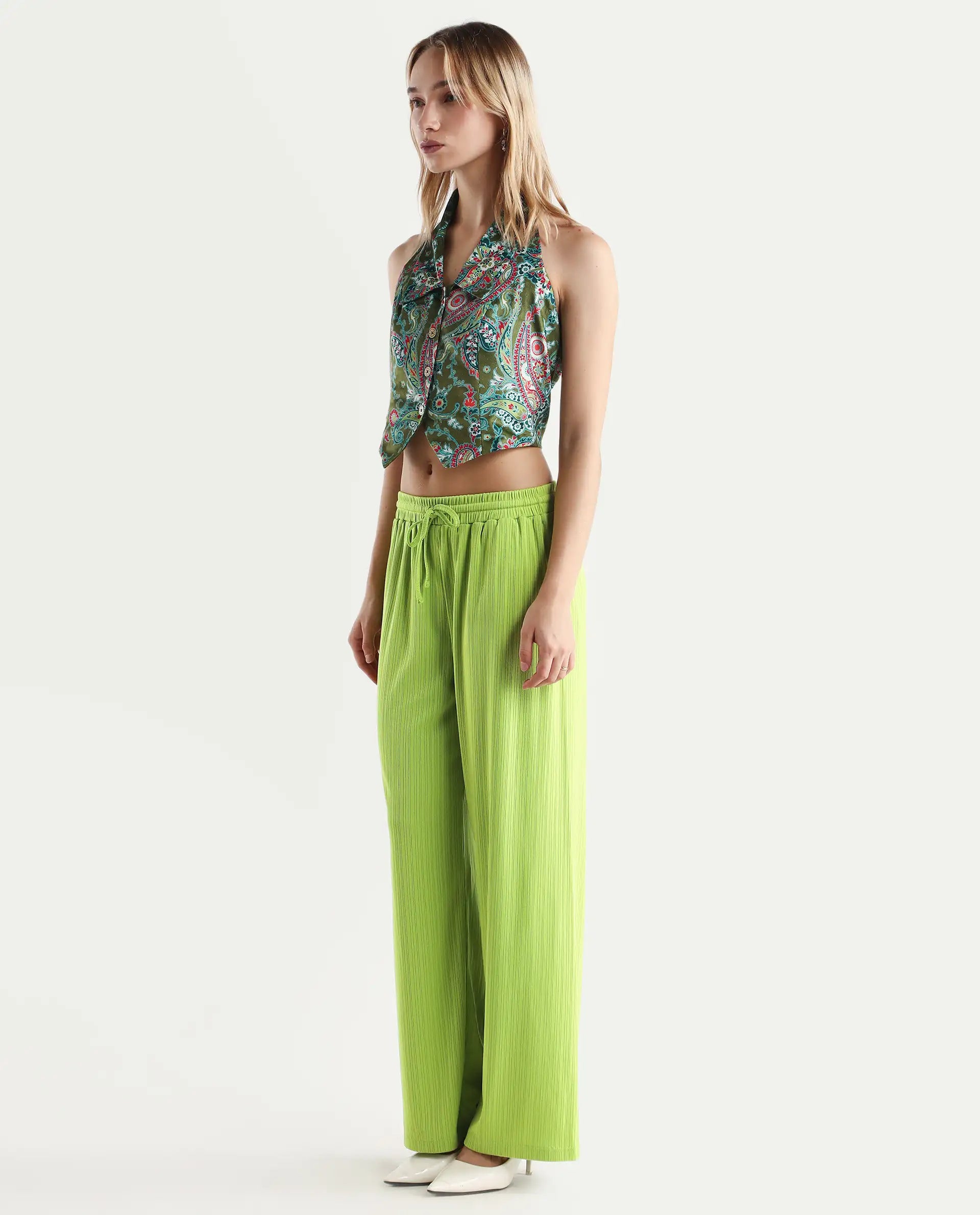 Rareism Women's Alcazar Flouroscent Green Polyester Blend Plain Ankle Length Straight Fit Trouser