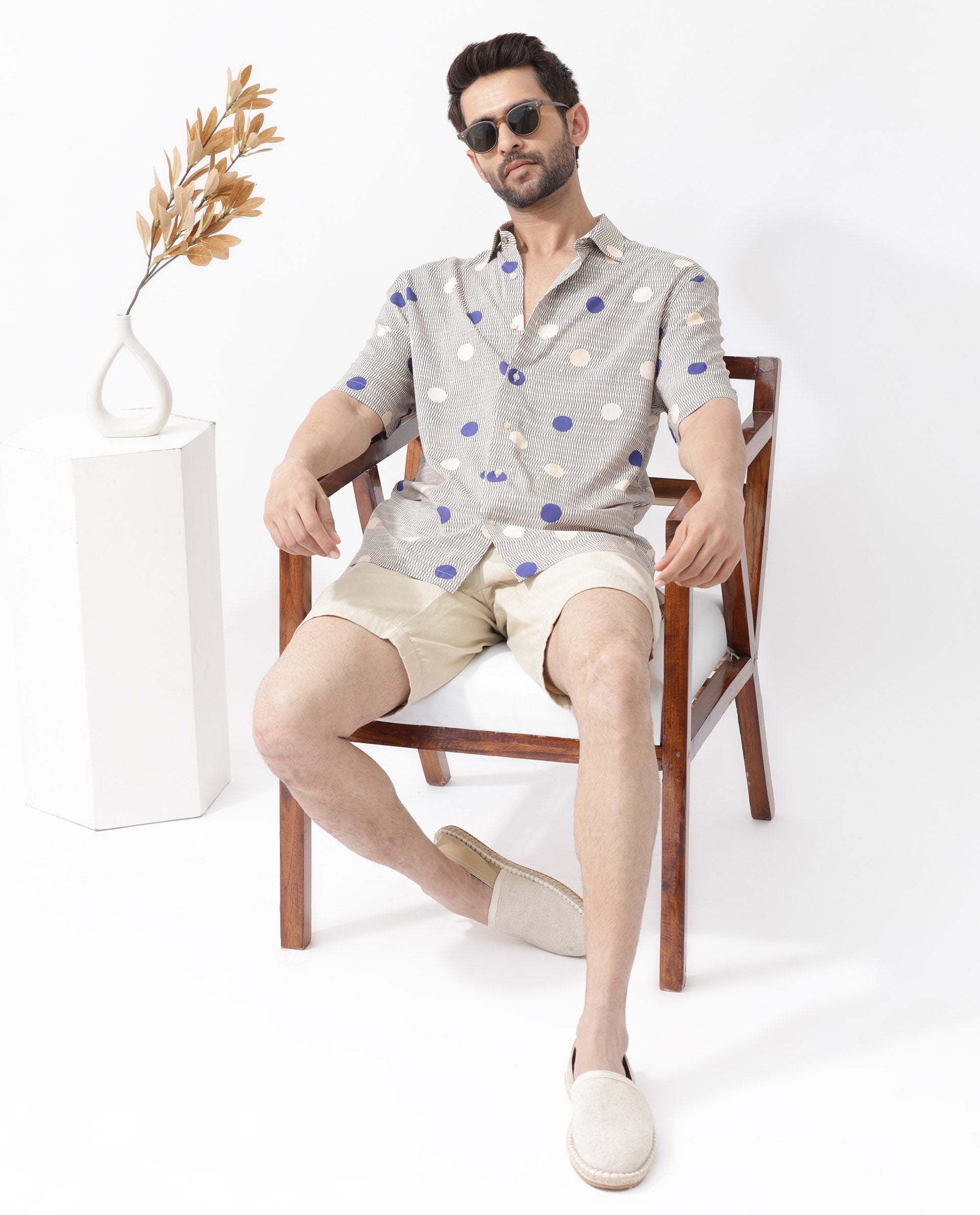 Rare Rabbit Men's Alcoron Beige Viscose Fabric Half Sleeves Boxy Fit Abstract Polka Print Shirt