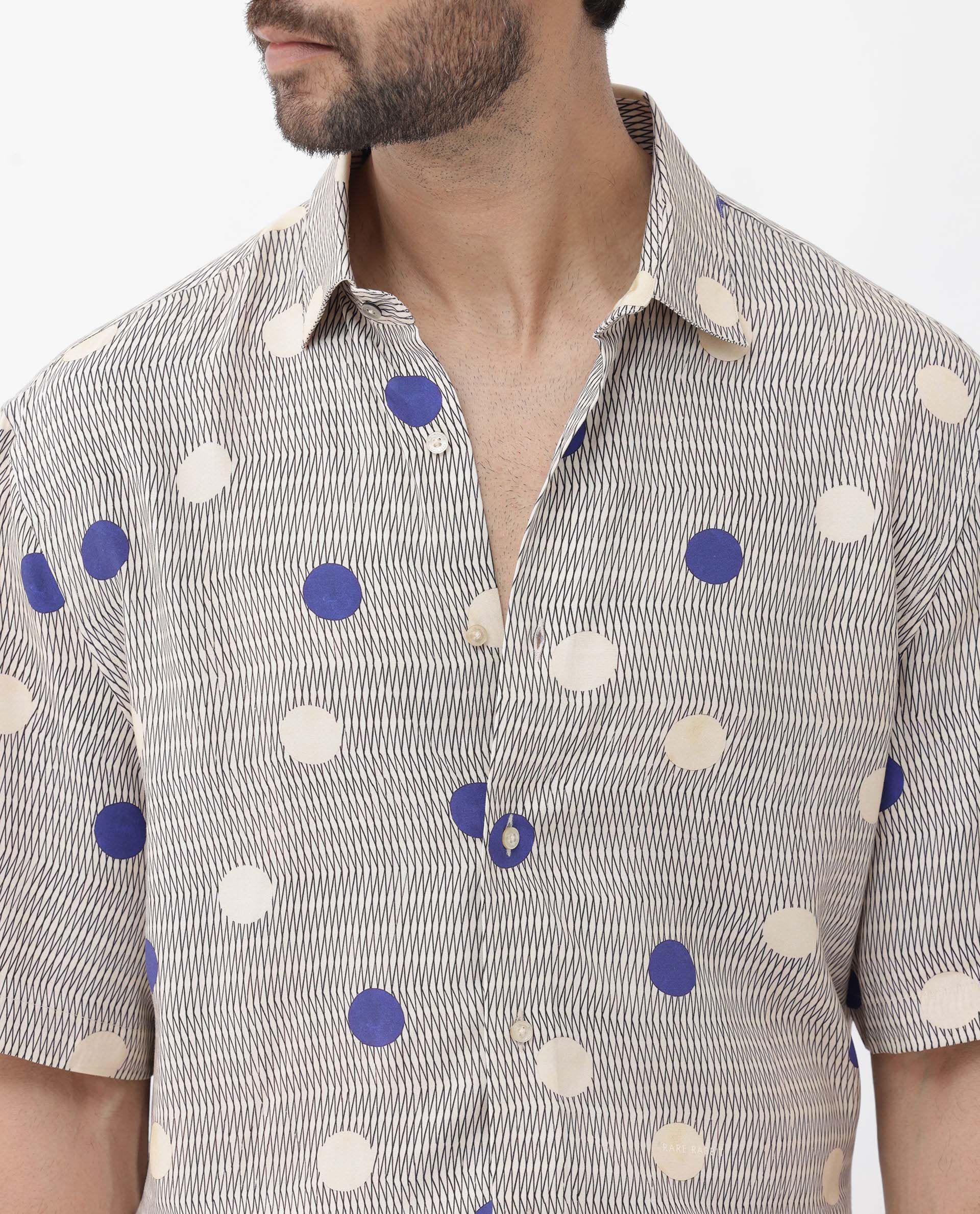 Rare Rabbit Men's Alcoron Beige Viscose Fabric Half Sleeves Boxy Fit Abstract Polka Print Shirt