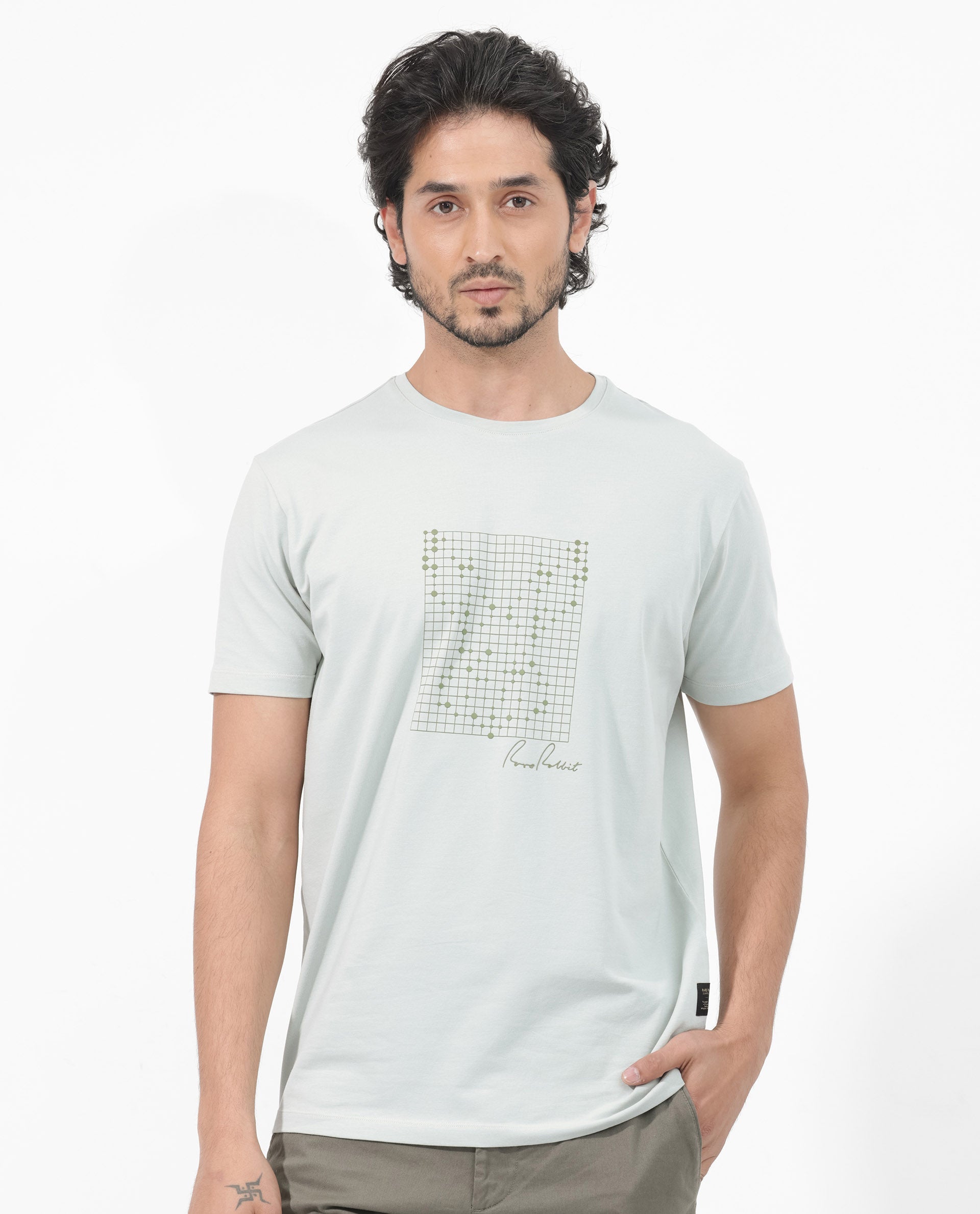 Rare Rabbit Articale Mens Alder Pastel Green Cotton Polyester Fabric Short Sleeve Crew Neck Slim Fit Printed T-Shirt