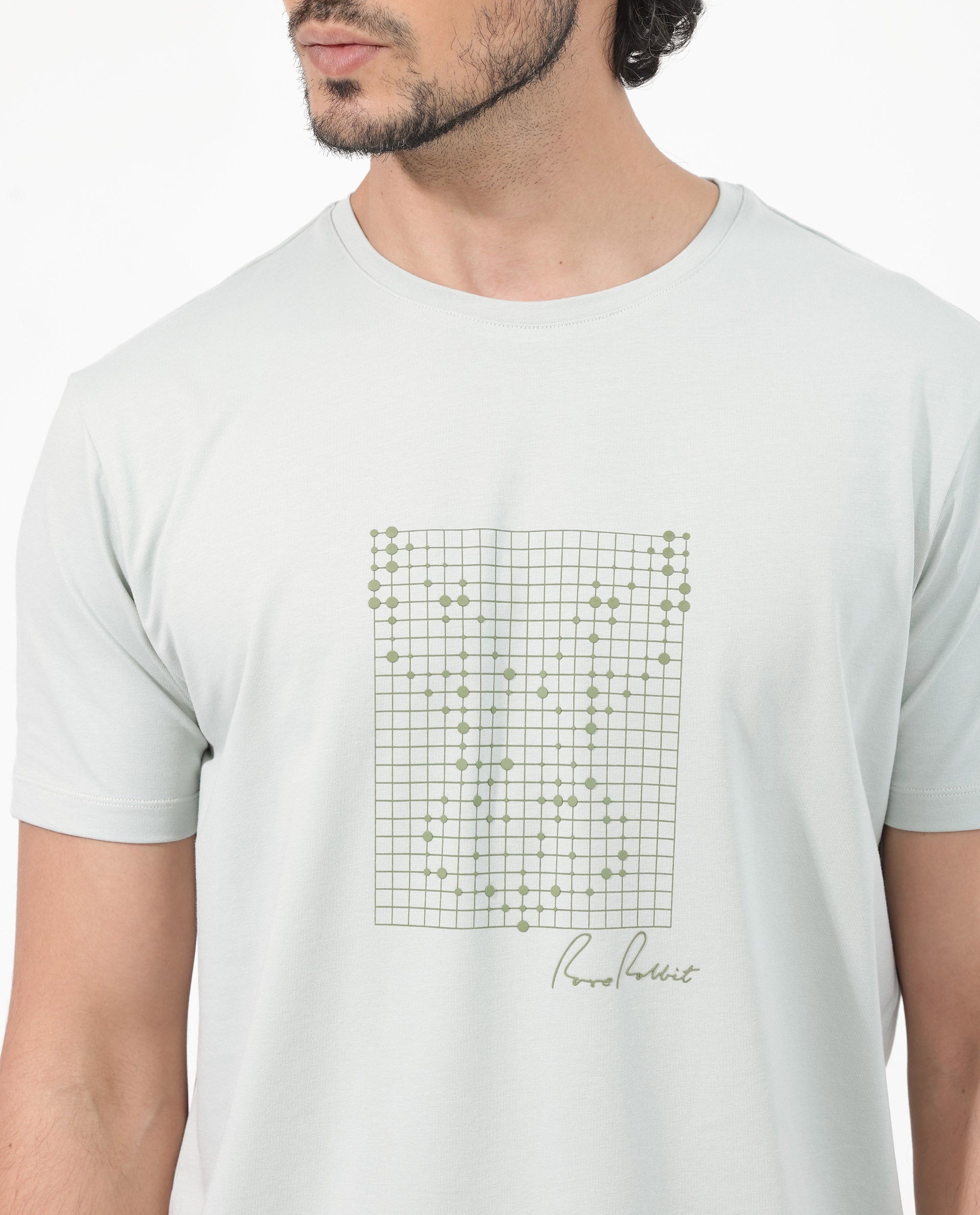 Rare Rabbit Articale Mens Alder Pastel Green Cotton Polyester Fabric Short Sleeve Crew Neck Slim Fit Printed T-Shirt