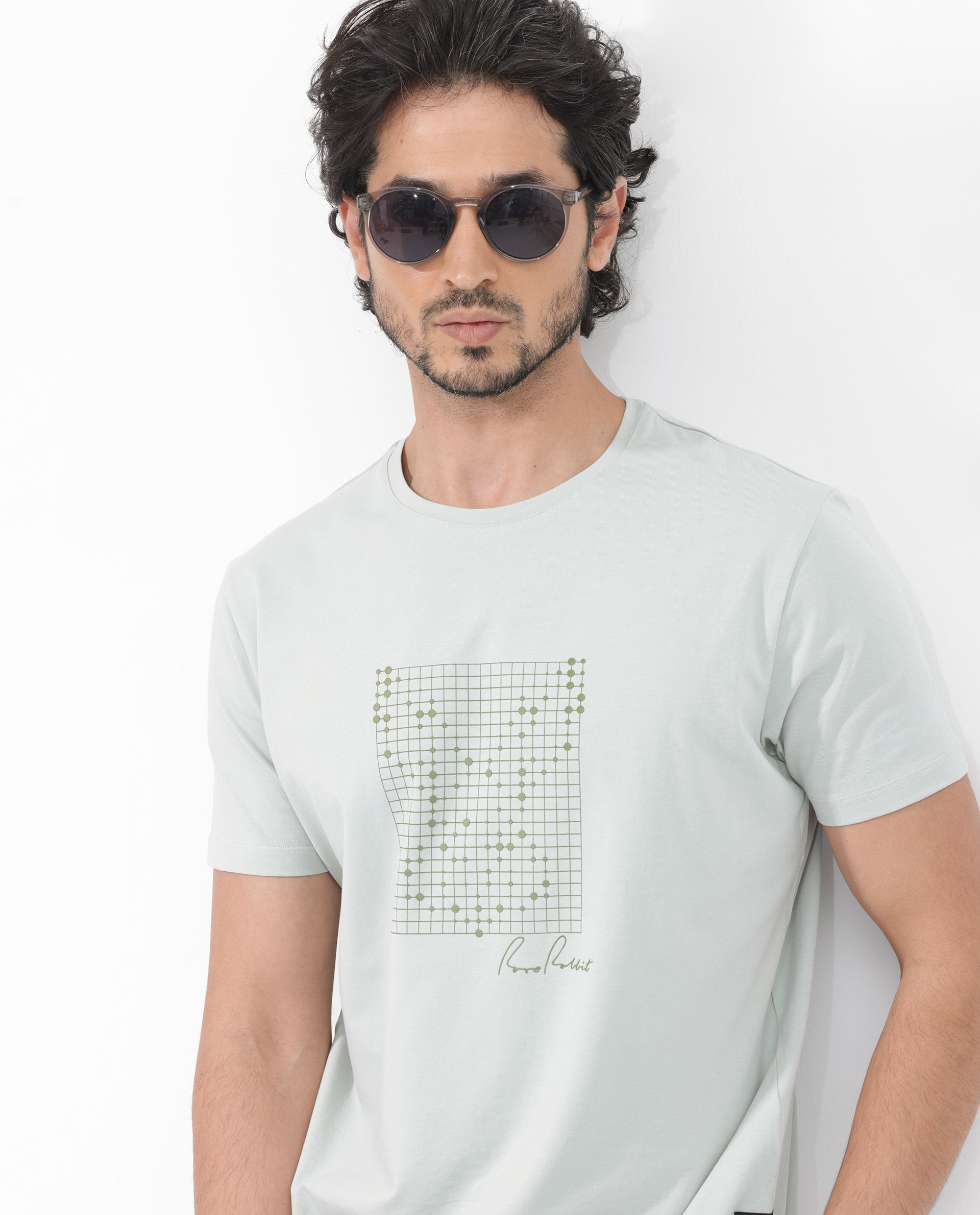 Rare Rabbit Articale Mens Alder Pastel Green Cotton Polyester Fabric Short Sleeve Crew Neck Slim Fit Printed T-Shirt